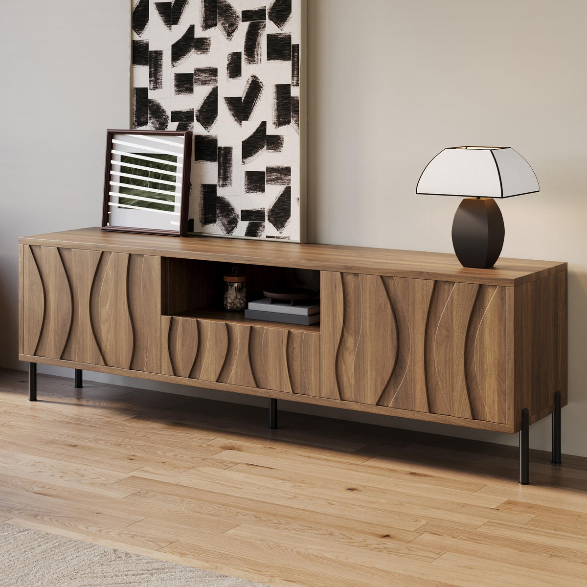 TV-SCHRANK aus MDF 160x35x46 cm Natur mit Kabeldurchführung und Stauraum, wellenförmiges Türdesign - Naturfarben, Holzwerkstoff (160/46/35cm) - Modfu