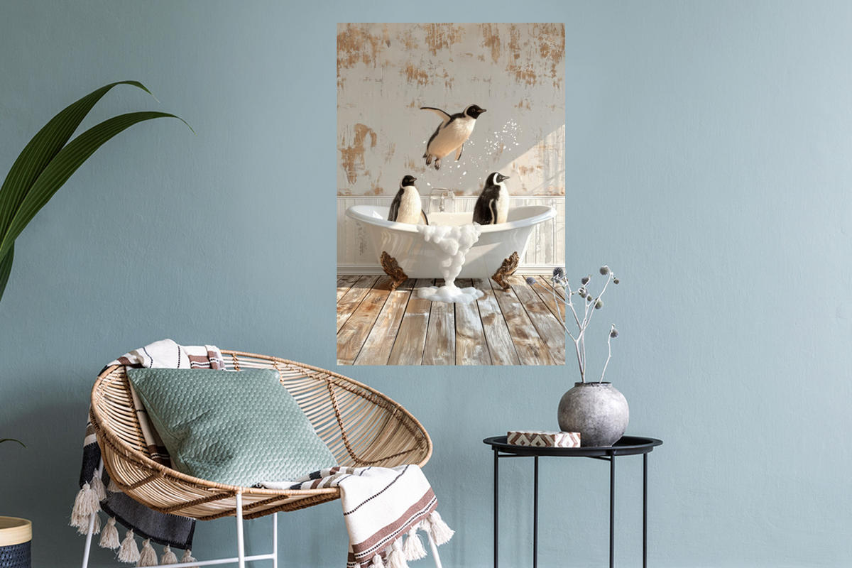 WANDTATTOO Vintage - Pinguin - Badewanne - Schaumstoff 40x60 cm - Schwarz, Kunststoff (40/60/0.1cm) - MuchoWow