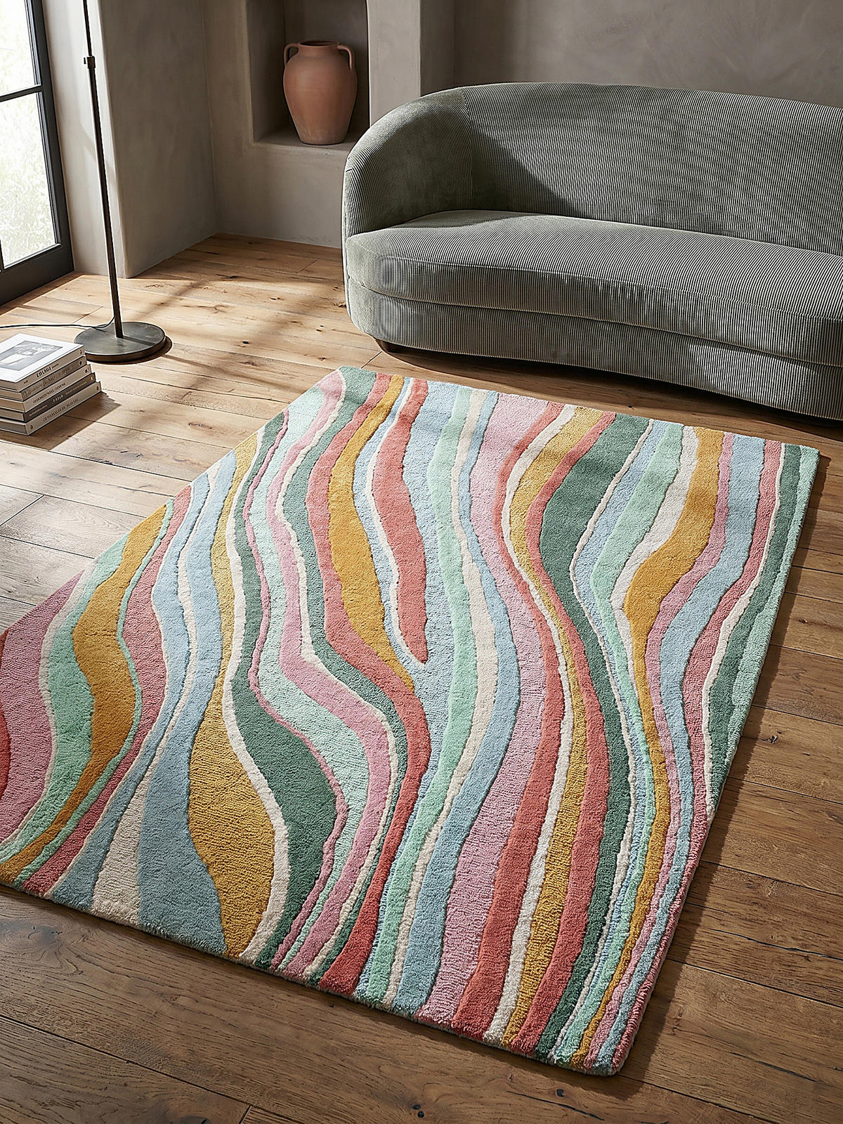 WOLLTEPPICH Wellen Muster, Abstrakt, Wohnzimmer Multicolor-Grün Rechteckig 200x290 - Multicolor, Textil (290/200cm) - KADIMA DESIGN