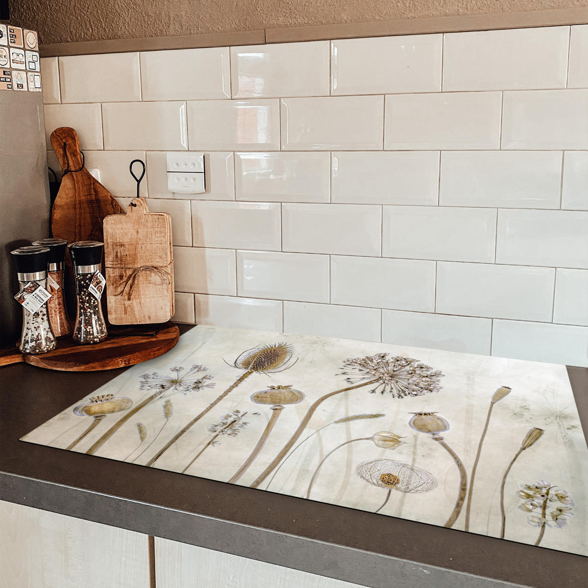 HERDABDECKPLATTE Blumen - Aquarell - Stilleben - Braun - Vintage 81x52 cm - Sandfarben, Kunststoff (81.2/52/0.2cm) - MuchoWow