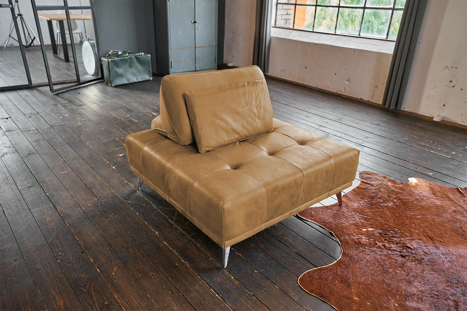 HOCKER WIOLO Orange Leder - Silberfarben/Orange, Leder (110/42/110cm) - KAWOLA
