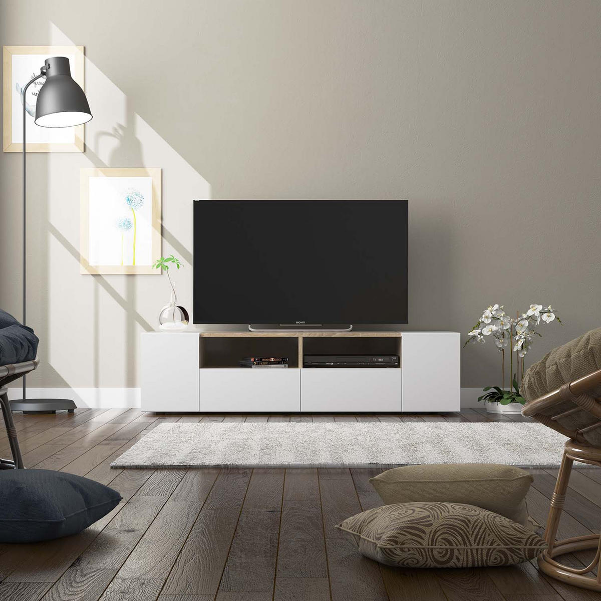 TV-ELEMENT Tania 4 Türen Weiß/Eiche - Weiß, Holzwerkstoff (138/36/42cm) - VS Venta-stock