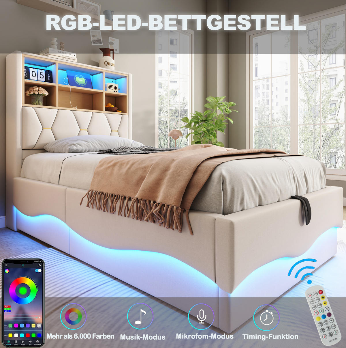 KINDERBETT 90/200 cm in Beige mit Stauraum, LED-Beleuchtung und USB-Anschluss - Beige, Metall (90/200cm) - Flora Grace