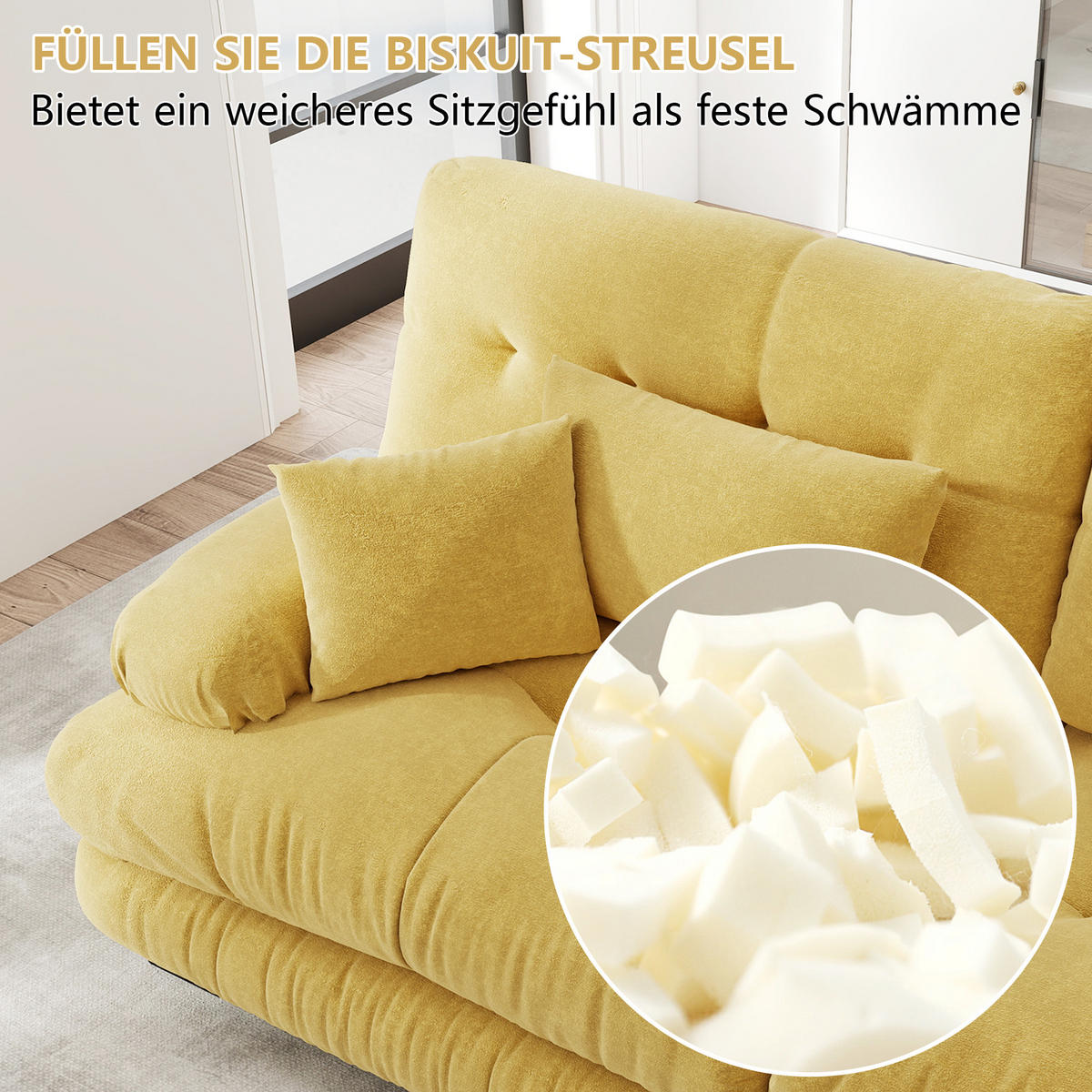 2-SITZER SOFA Chenille Gelb mit Lendenkissen und Dekokissen - Gelb, Textil (220/81/77cm) - WISHDOR