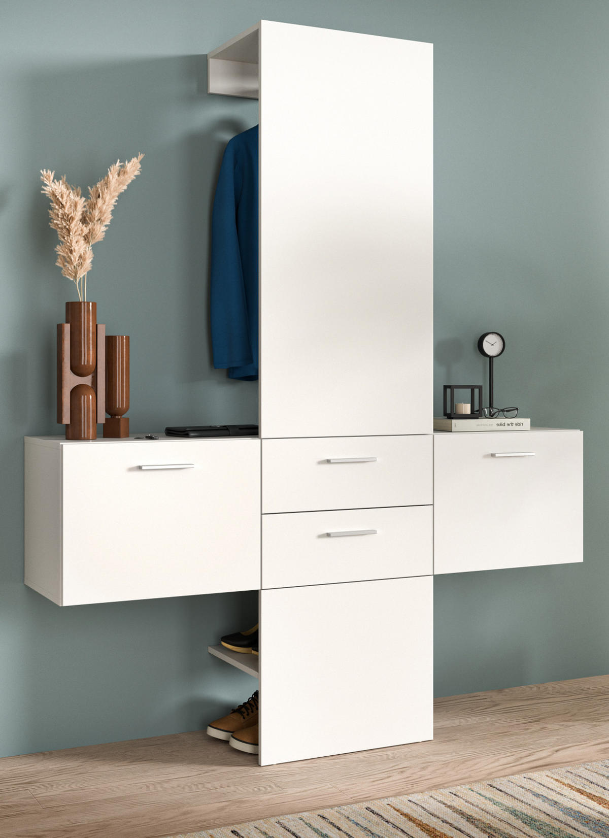 GARDEROBE Set 3-teilig weiß 156 cm, Komplettset mit viel Stauraum - Silberfarben/Weiß, Glas/Holzwerkstoff (156/190/36cm) - Inn.Furn