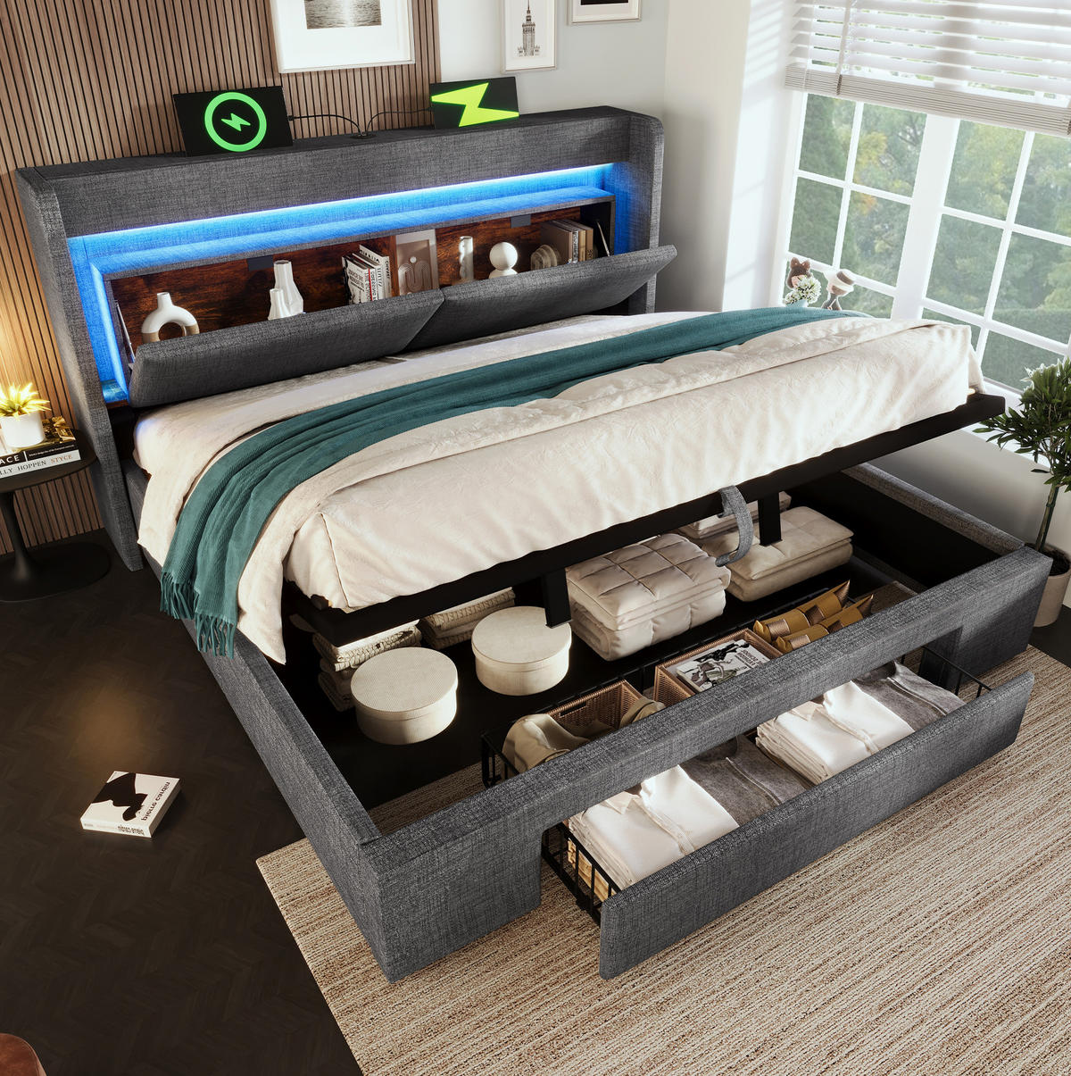 BETT mit Stauraum 140x200 cm Leinen Grau inklusive Matratze - Grau, Metall (140/200cm) - Meubliv