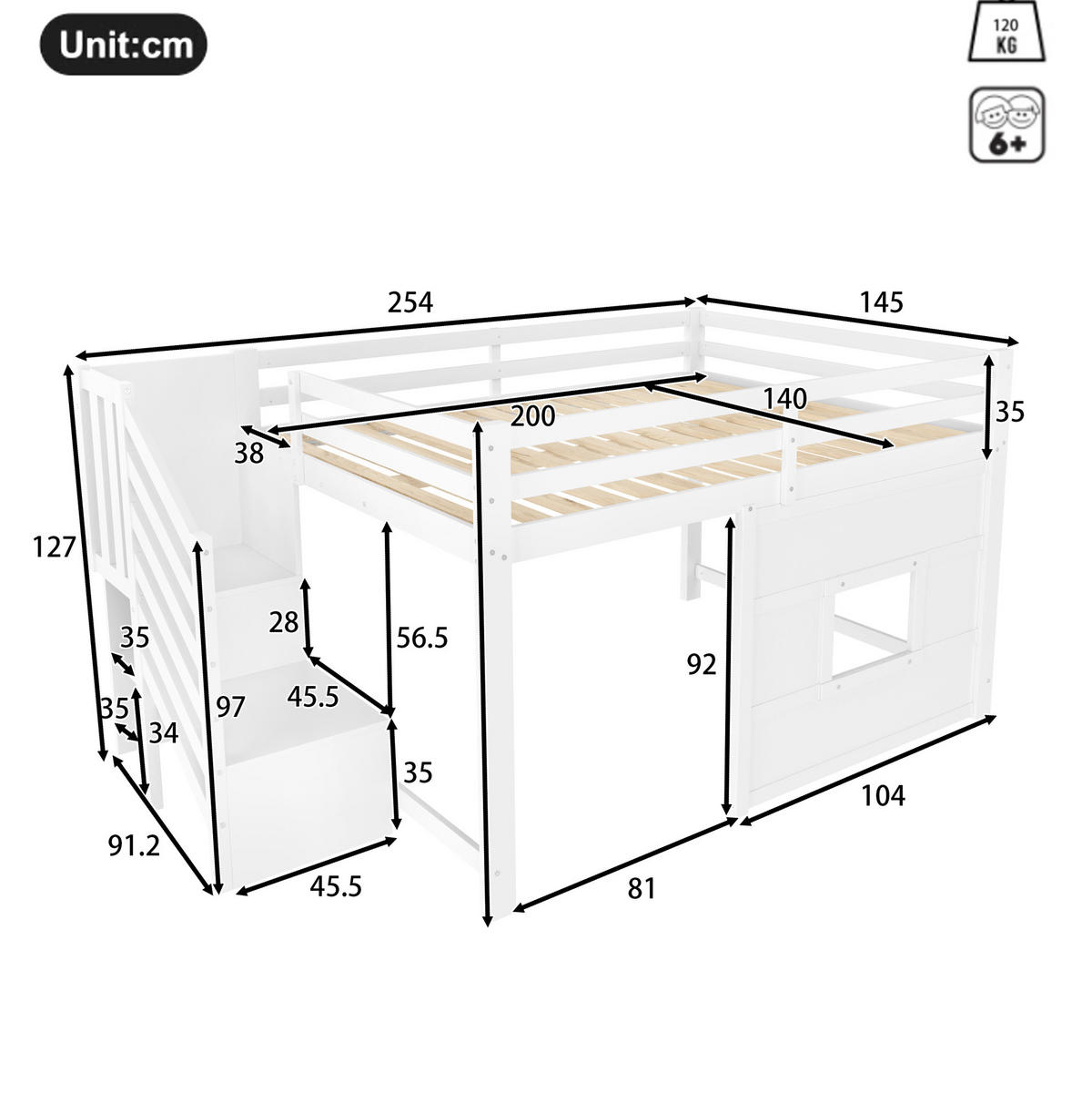 VISOKI krevet 140/200 cm od MDF-a i borovine sa spremišnim stepenicama, LED osvjetljenjem i prozorom, bijeli - bijela, drvni materijal (140/200cm) - Redom