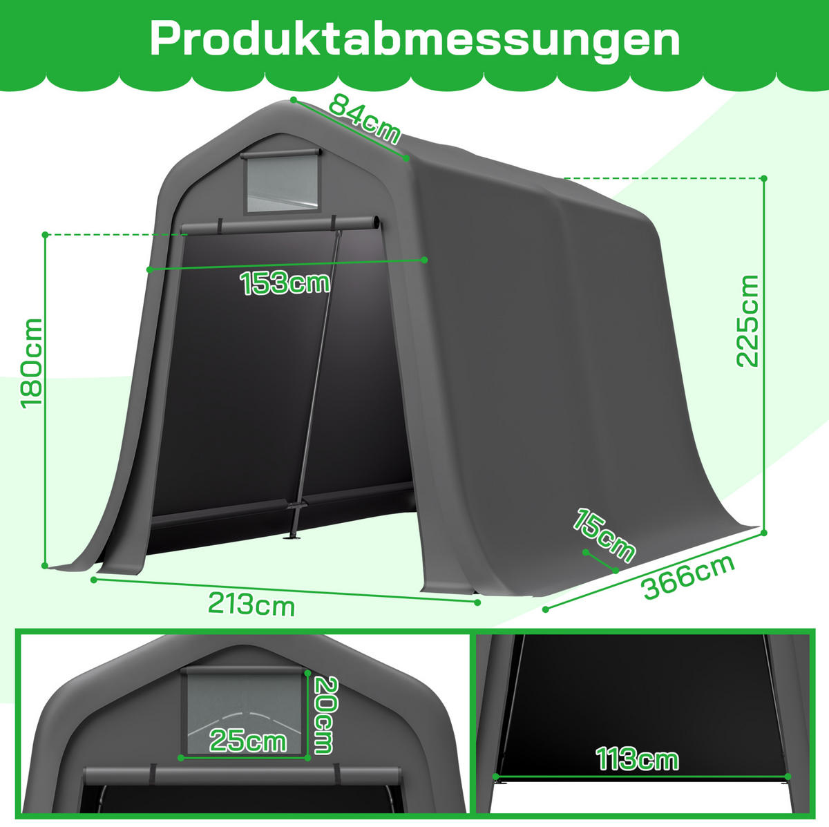 KLEINGARAGE aus PE 213x366x225 cm in Dunkelgrau mit Rolltor - Dunkelgrau, Metall (366/225/213cm) - Modfu