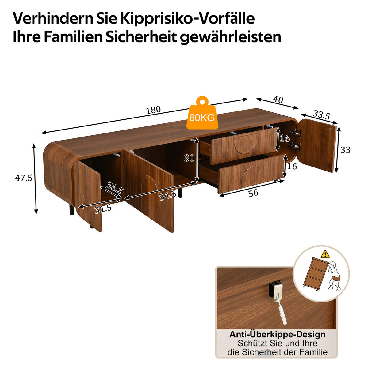TV-ELEMENT mit 3 Türen und 2 Schubladen 180 cm MDF Nussbaum - Braun, Holzwerkstoff (40/47.5/180cm) - Beauniv