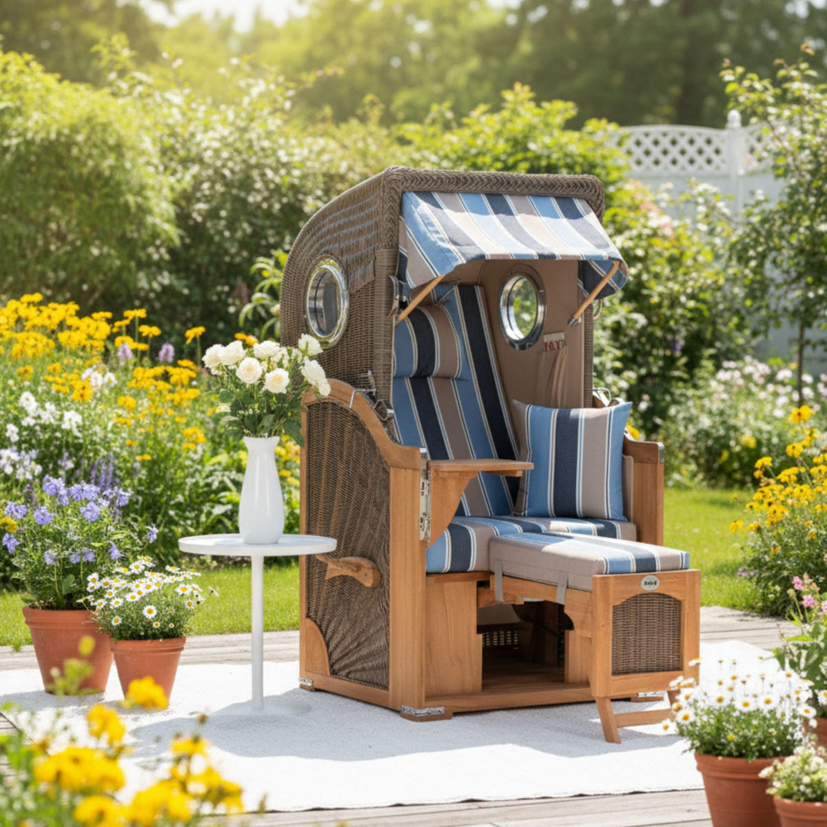 STRANDKORB Düne Single Teak 1-Sitzer - Blau/Braun, Holz/Textil (96/165/80cm) - Mr. Deko