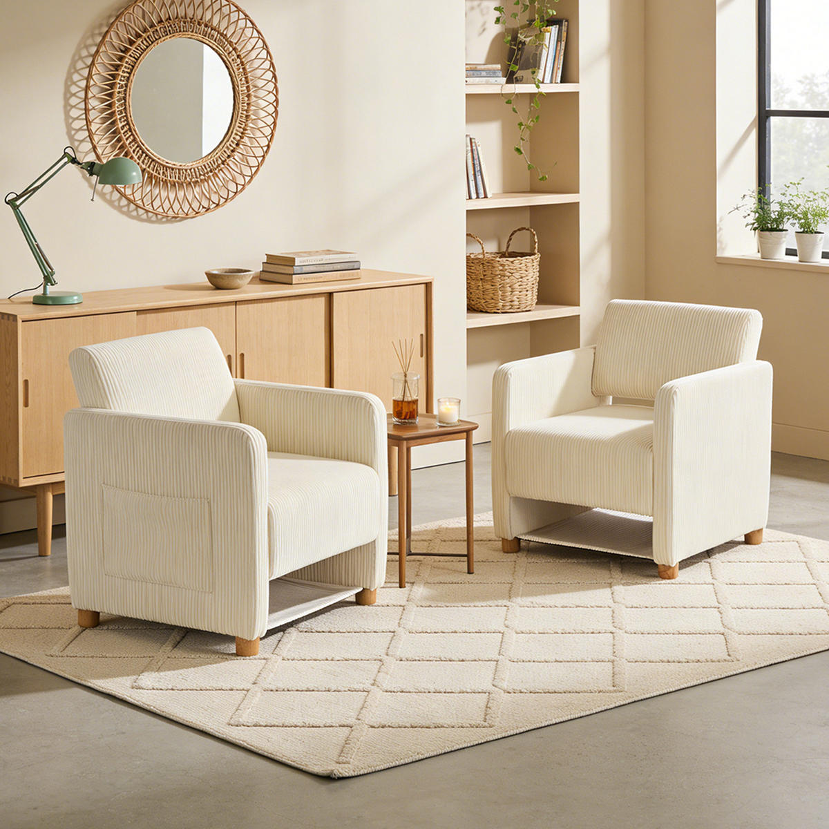 SESSEL, 2er-Set, mit Armlehnen, Cordbezug und Massivholzfüßen, Beige - Beige, Holz/Textil (66/76.5/73.5cm) - Meubles Cosy