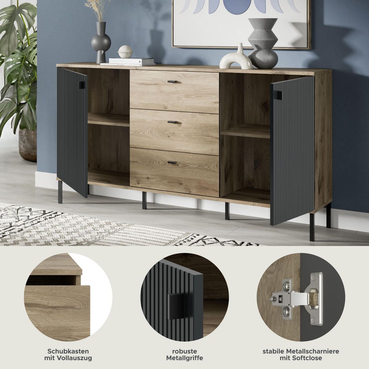 SIDEBOARD Chess schwarz 154/41/89 cm - Braun, Holzwerkstoff (154/89/41cm) - Xonox