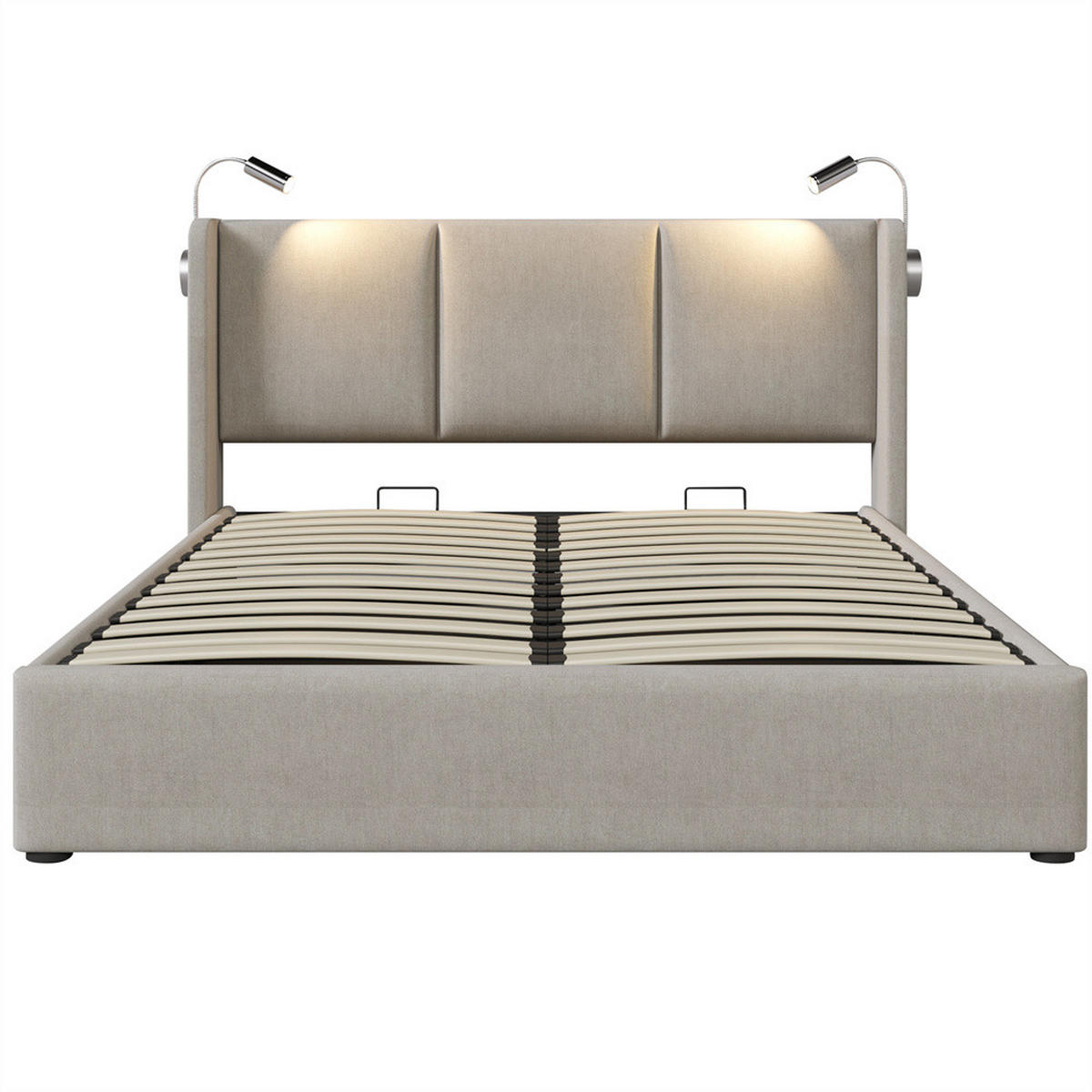 POLSTERBETT 140/200 cm in Beige Leinen mit mit USB Ladefunktion Kopfteil - Beige, Holz/Textil (140/200cm) - KOMHTOM