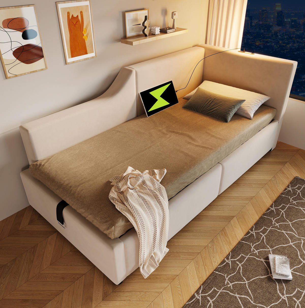 POLSTERBETT 90/190 cm in Beige mit Stauraum und USB- und Type-C-Anschlüssen - Beige, Textil (90/190cm) - Flora Grace