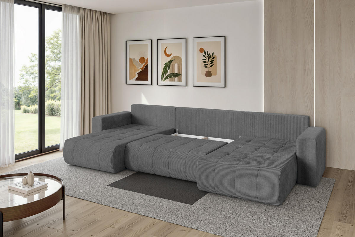 SEDACÍ SOUPRAVA DO U s funkcí spaní a úložným prostorem MILA-U 378x194x86 tmavě šedá manšestr - černá/tmavě šedá, kompozitní dřevo/textil (378/86/194cm) - ALTDECOR