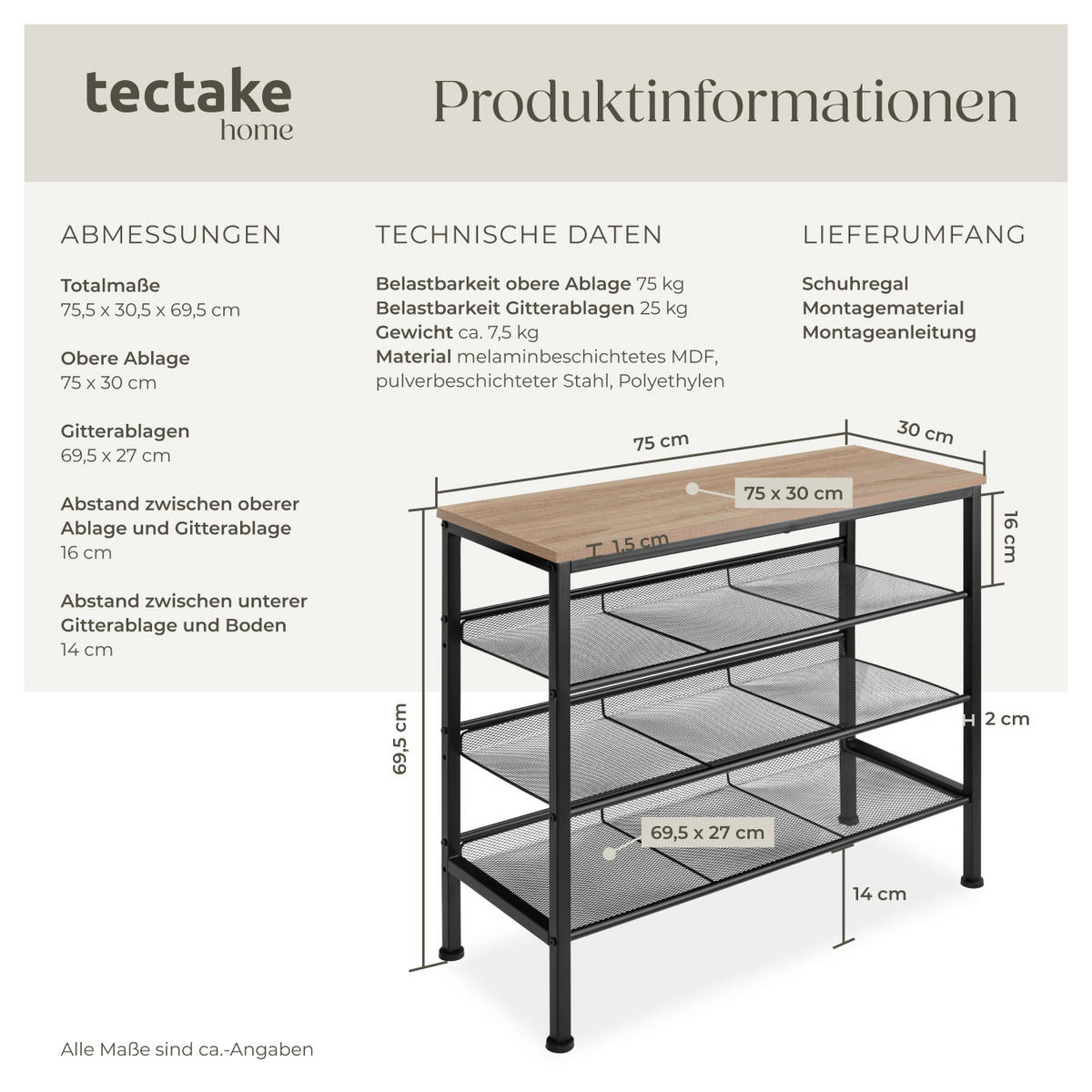 SCHUHREGAL Wolverhampton,75,5 x 30,5 x 69,5 cm,Industrial Holz hell, Eiche Sonoma - Naturfarben, Holz (30.5/69.5/75.5cm) - tectake