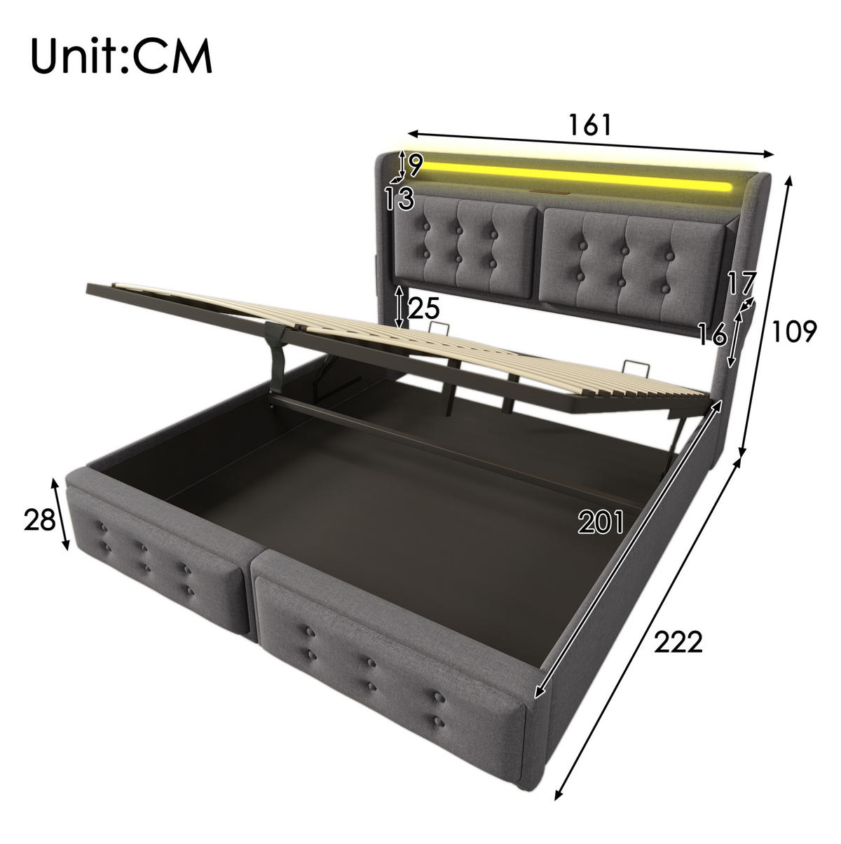 POLSTERBETT 160/200 cm mit LED-Kopfteil, Steckdose, USB-C und Bettkasten aus Baumwoll-Leinenstoff, Grau - Grau, Textil (160/200cm) - Redom