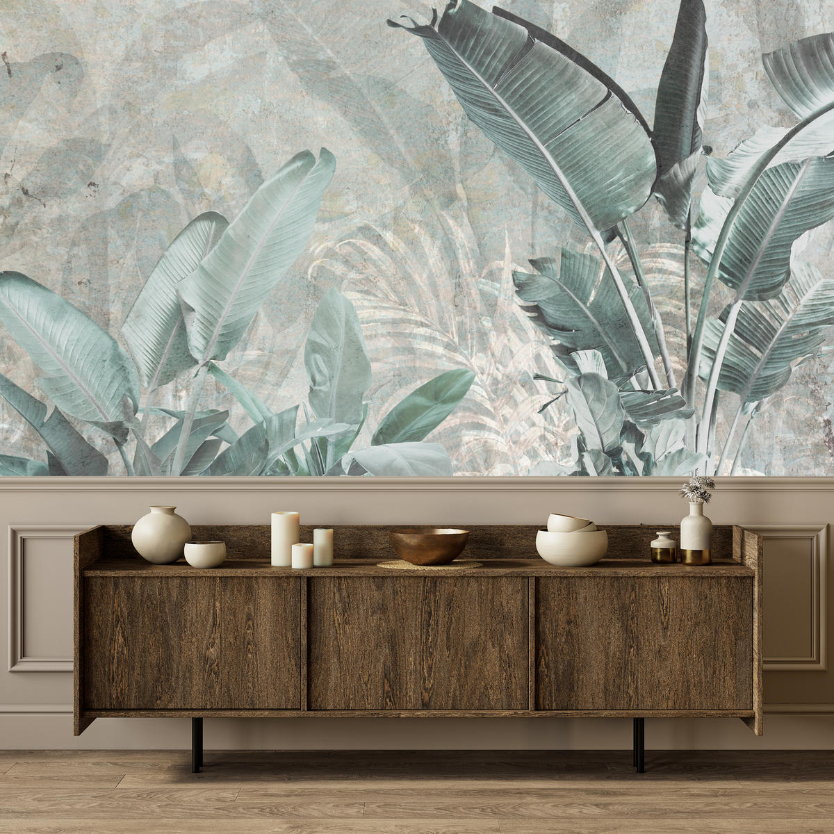 FOTOTAPETE für Küche Beton Bananenblätter Abstrakt Pflanzen Vintage 350x256 - Beige/Grau, Papier (350/256cm) - Muralo