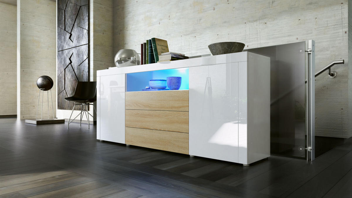 SIDEBOARD Santiago Weiß Hochglanz / Eiche sägerau - Weiß Hochglanz, Holzwerkstoff (167/72/35cm) - Vladon