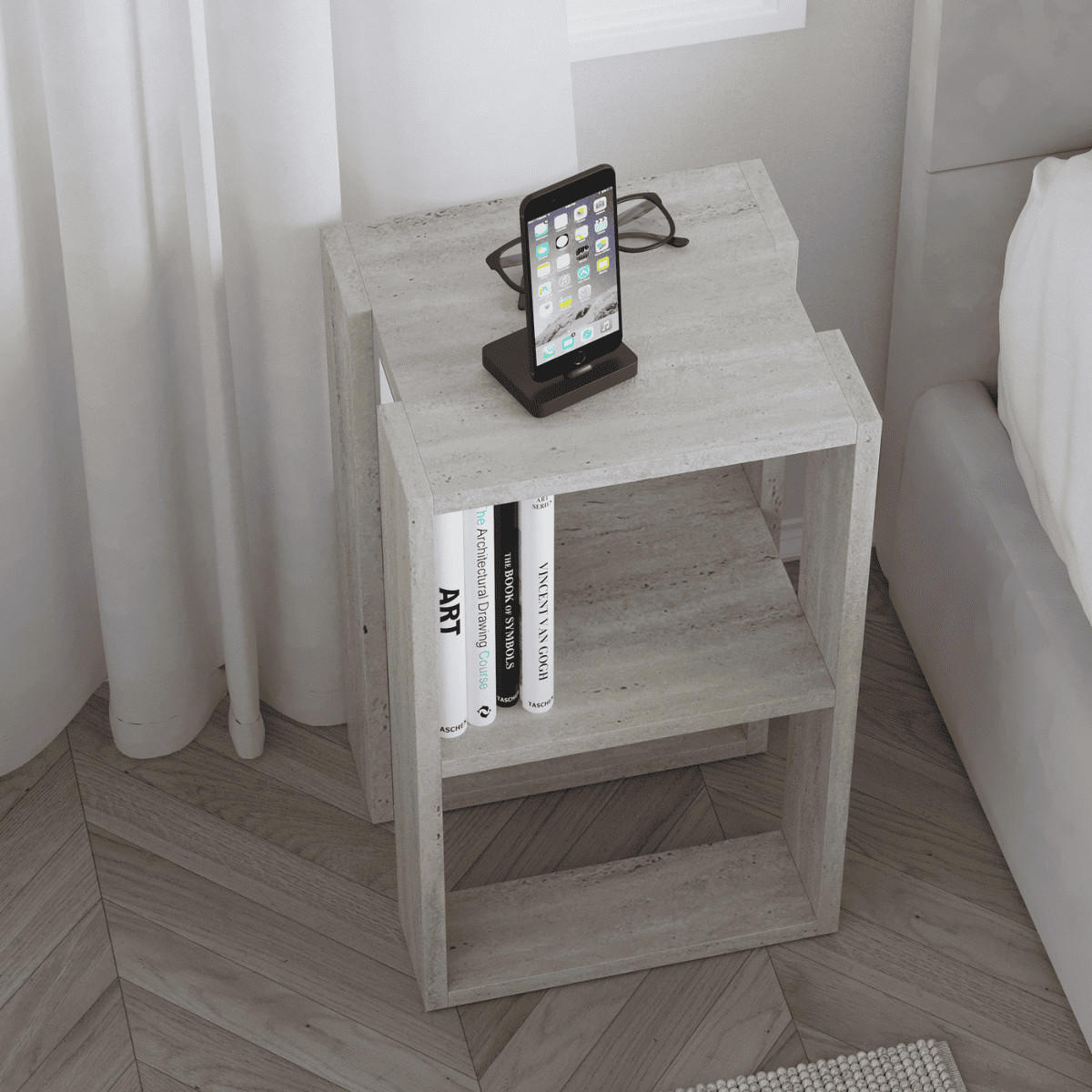 NACHTTISCH mit 2 regalböden, travertin-dekor - lonie 30/30/55 cm - Beige, Holzwerkstoff (30/55/70cm) - Calicosy