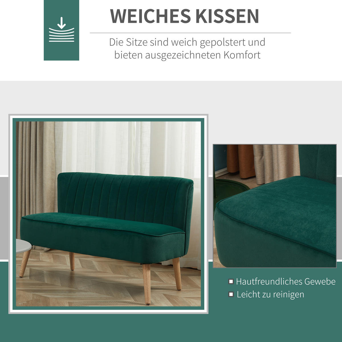 SOFA 2-Sitzer, Holz, Stoff, Dunkelgrün - Dunkelgrün, Holz (56.5/77/117cm) - HOMCOM