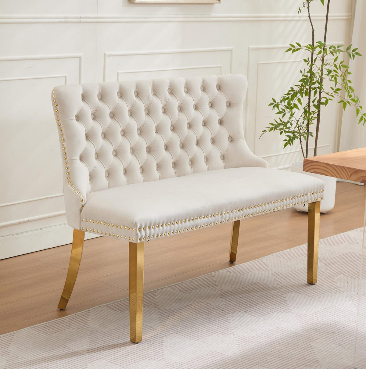 SITZBANK 2-Sitzer Samt Beige mit goldfarbenen Edelstahlbeinen - Beige, Metall (116/89.5/58.1cm) - Meubliv