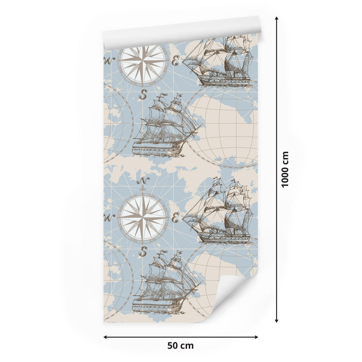 VLIESTAPETE Segelschiffe, Weltkarte und Kompass – Hellblau, Beige – 50x1000 cm - Beige/Hellblau, Papier (50/1000cm) - Muralo