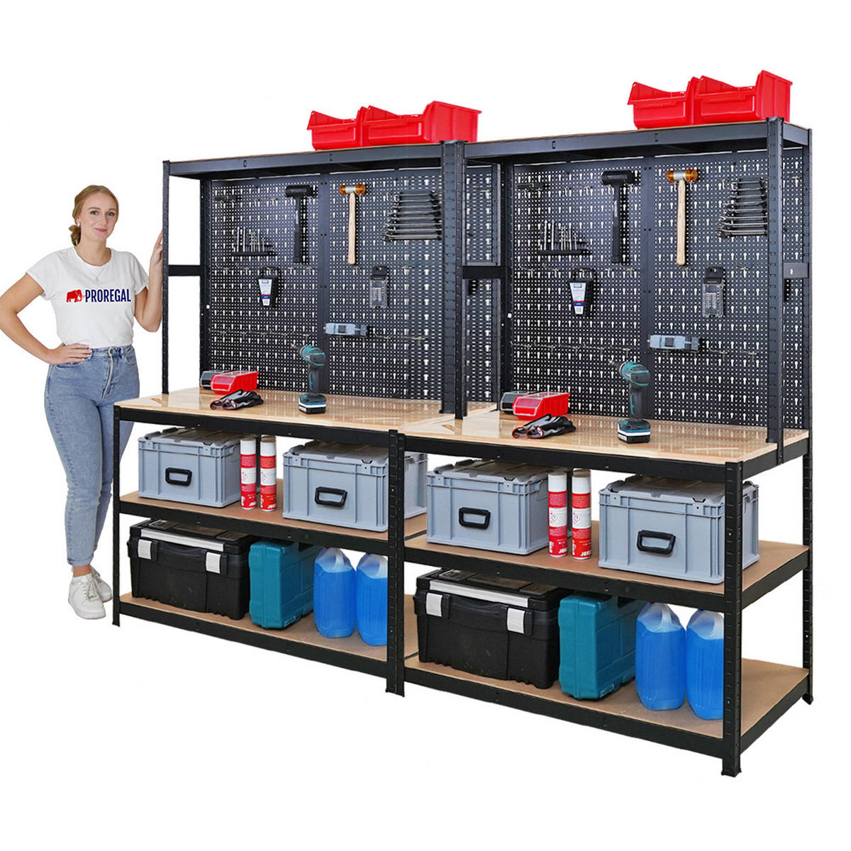 WERKBANK Giant Beast 2er-Set mit Lochwand180x120x60cm Fachlast 175kg inkl. Werkzeughalter Set Schwarz - Schwarz, Metall (120/180/60cm) - PROREGAL
