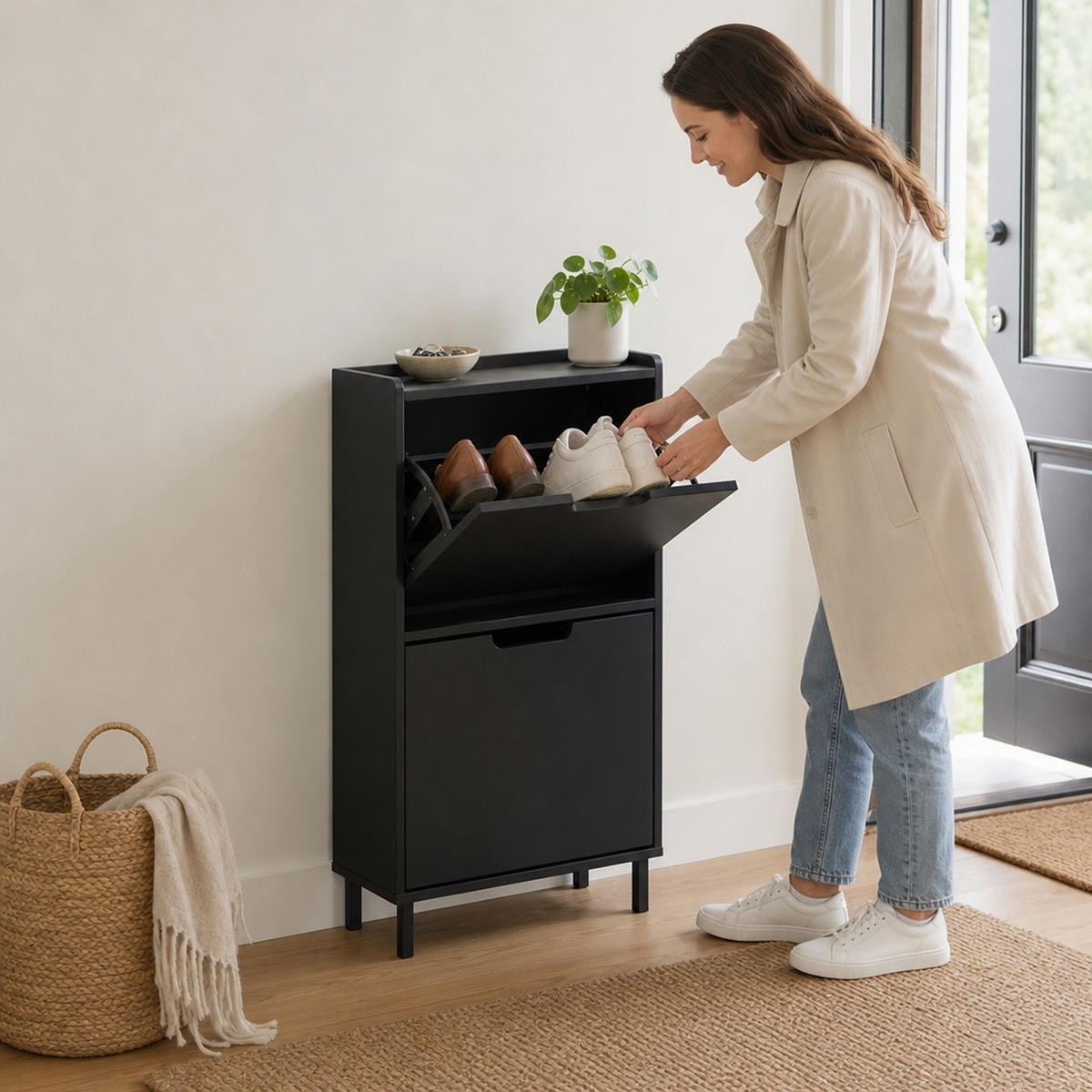 SCHUHSCHRANK Schwarz 2 Klappen Metallbeine 91x50x19 cm - Schwarz, Holzwerkstoff/Metall (50/91/19cm) - Relaxdays