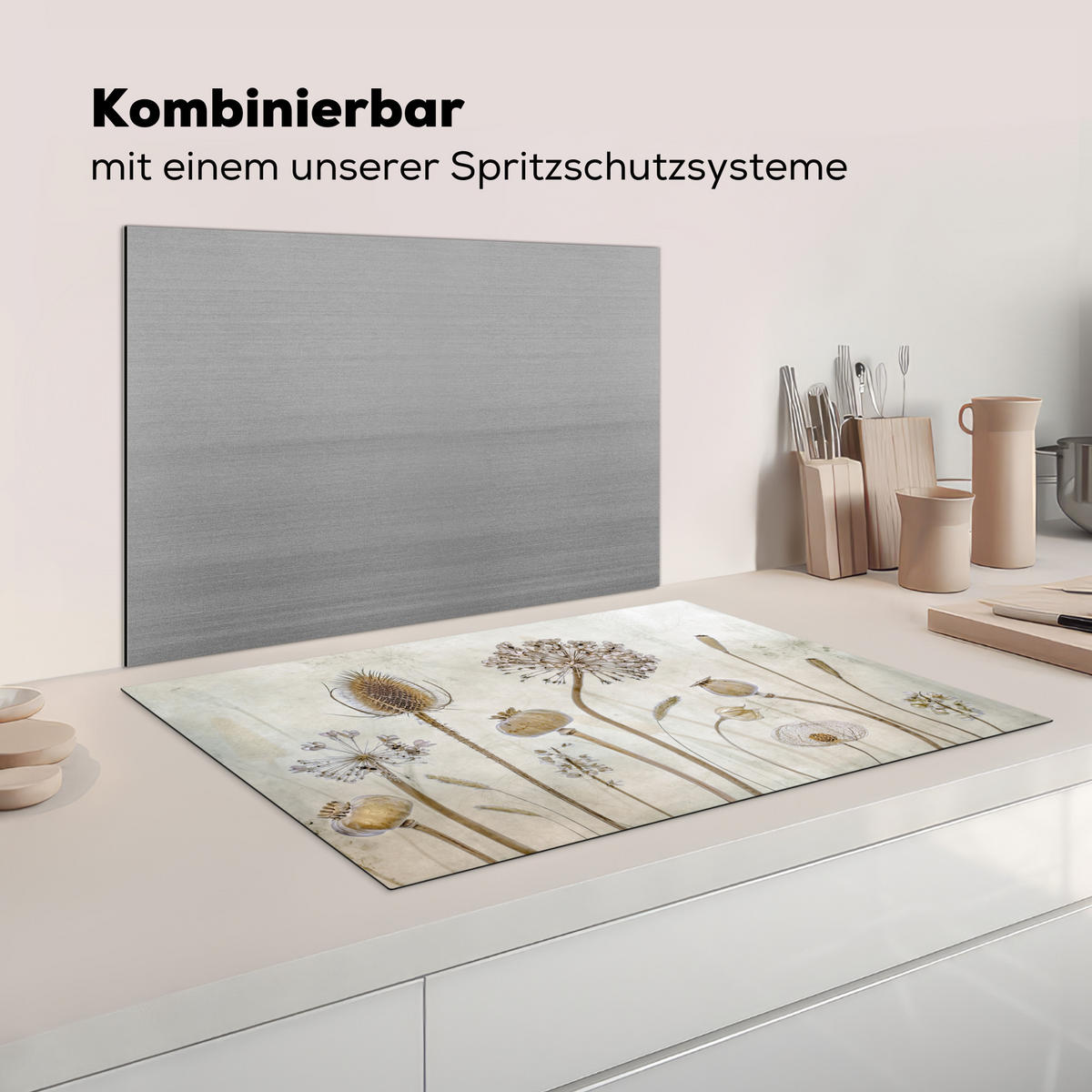 KRYT NA INDUKČNÍ DESKU Květiny - Akvarel - Zátiší - Hnědá - Vintage 81.6x52.7 cm - písková barva, plast (81.6/52.7/0.2cm) - MuchoWow