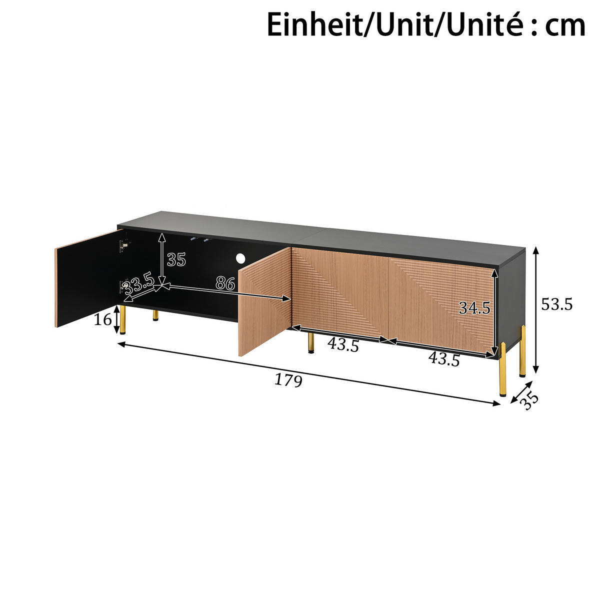 LOWBOARD 179/35/53,5 cm aus Holzwerkstoff mit 4 Türen und goldfarbenen Metallbeinen Schwarz/Natur - Hellbraun, Holzwerkstoff (179/53.5/35cm) - Modenvie