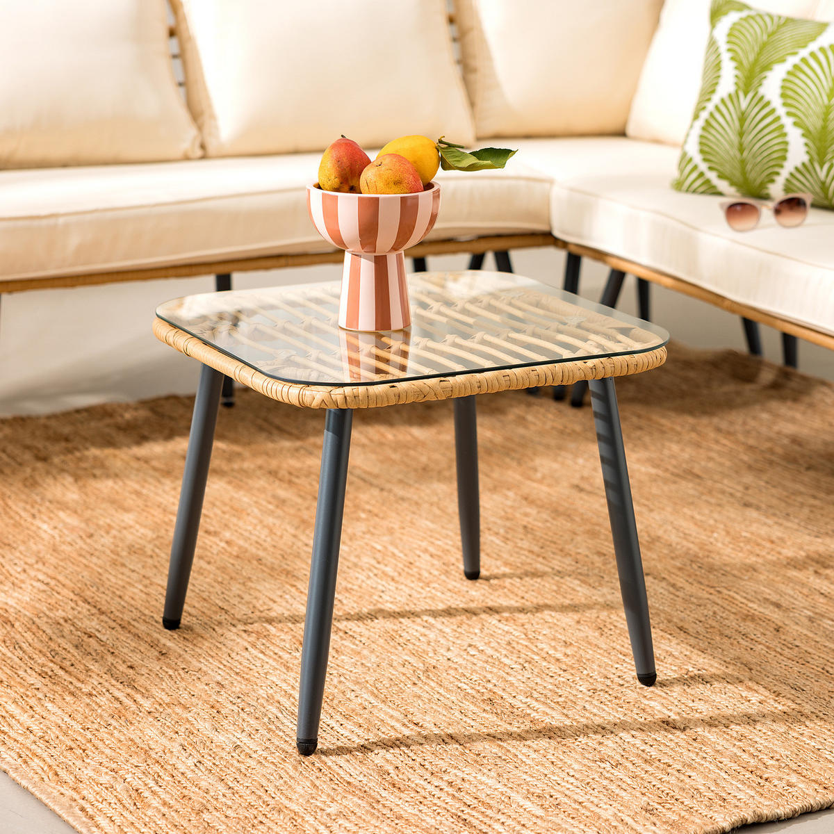 LOUNGESET - 4-teilig - Polyrattan / Polyester - Braun / Creme - Beige/Braun, Glas/Kunststoff - home24