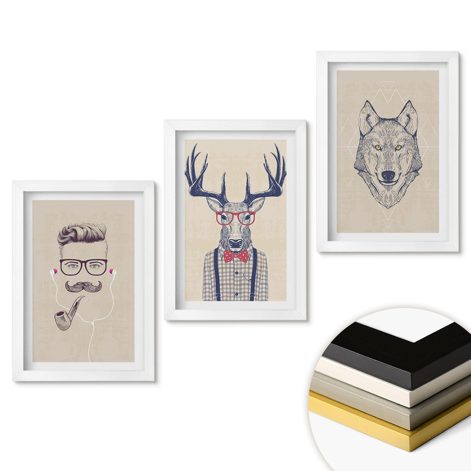 WANDBILDER 3er-Set - 20x30 cm Weißer Rahmen - Stilvolle Tierporträts - Weiß, Kunststoff (20/30cm) - ArtPrintCave