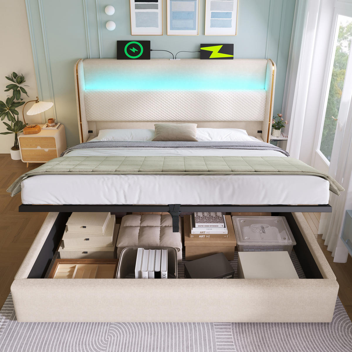 ČALÚNENÁ posteľ z ľanu 180x200 cm béžová s LED osvetlením, USB a Type-C, hydraulickým úložným priestorom - béžová, textil (180/200cm) - Modfu