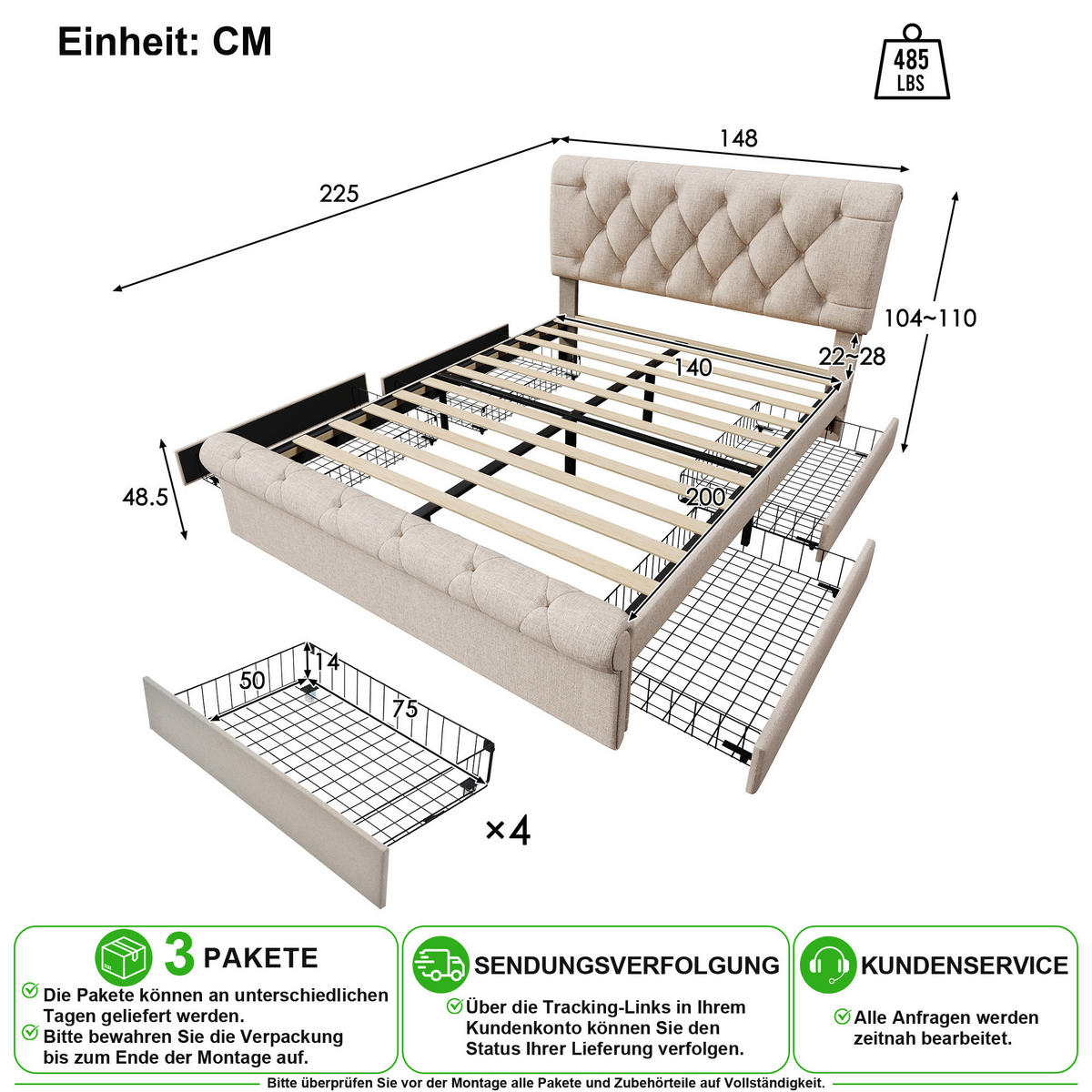 ČALOUNĚNÁ POSTEL 140/200 cm v přírodní barvě se 4 zásuvkami - přírodní, kov/kompozitní dřevo (140/200cm) - CHICFURN