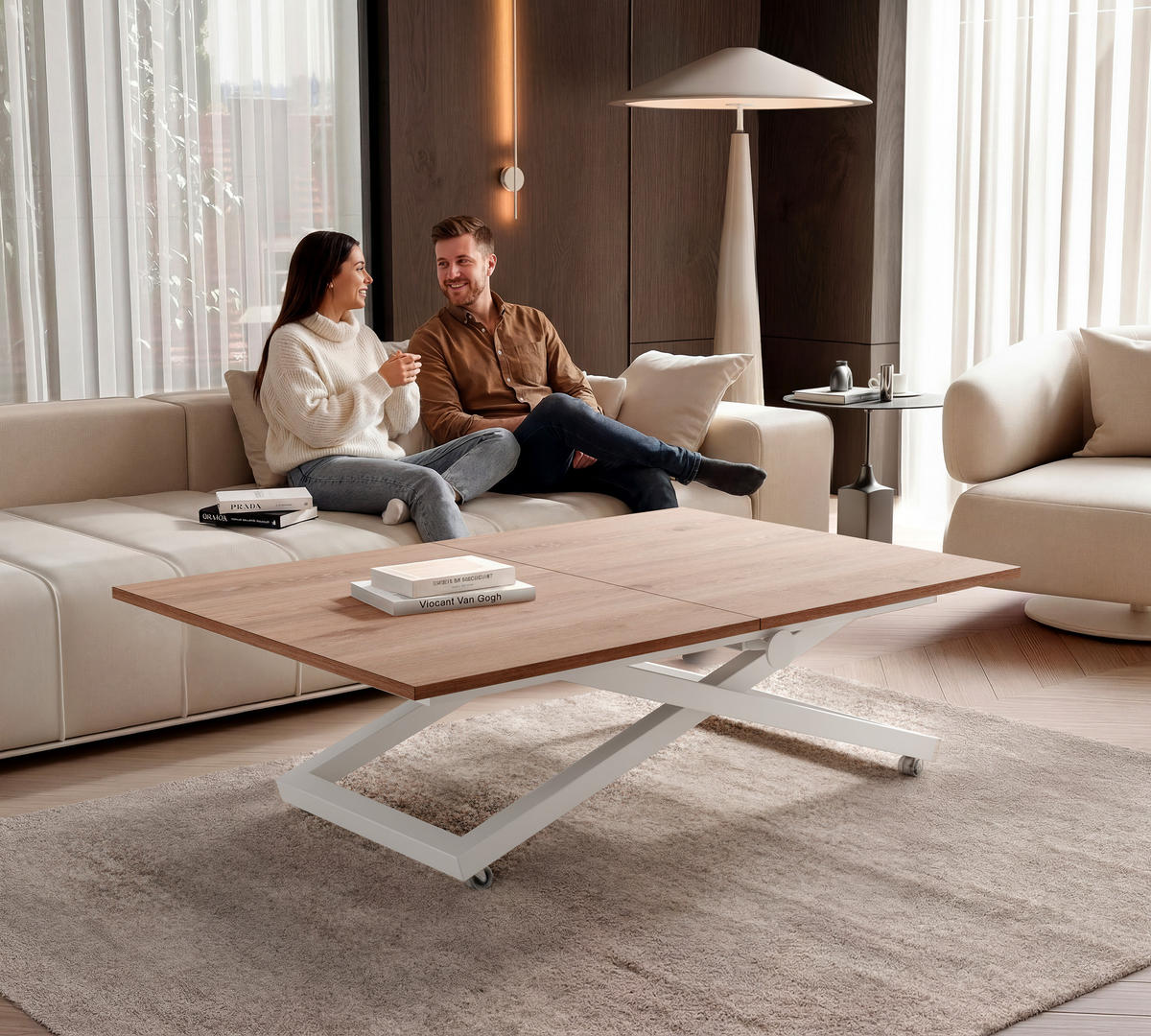 COUCHTISCH ARIA 120-160/80 cm, Höhenverstellbar, Weiß / Trüffelbraun - Weiß, Holzwerkstoff/Metall (120/80/38cm) - Idohome