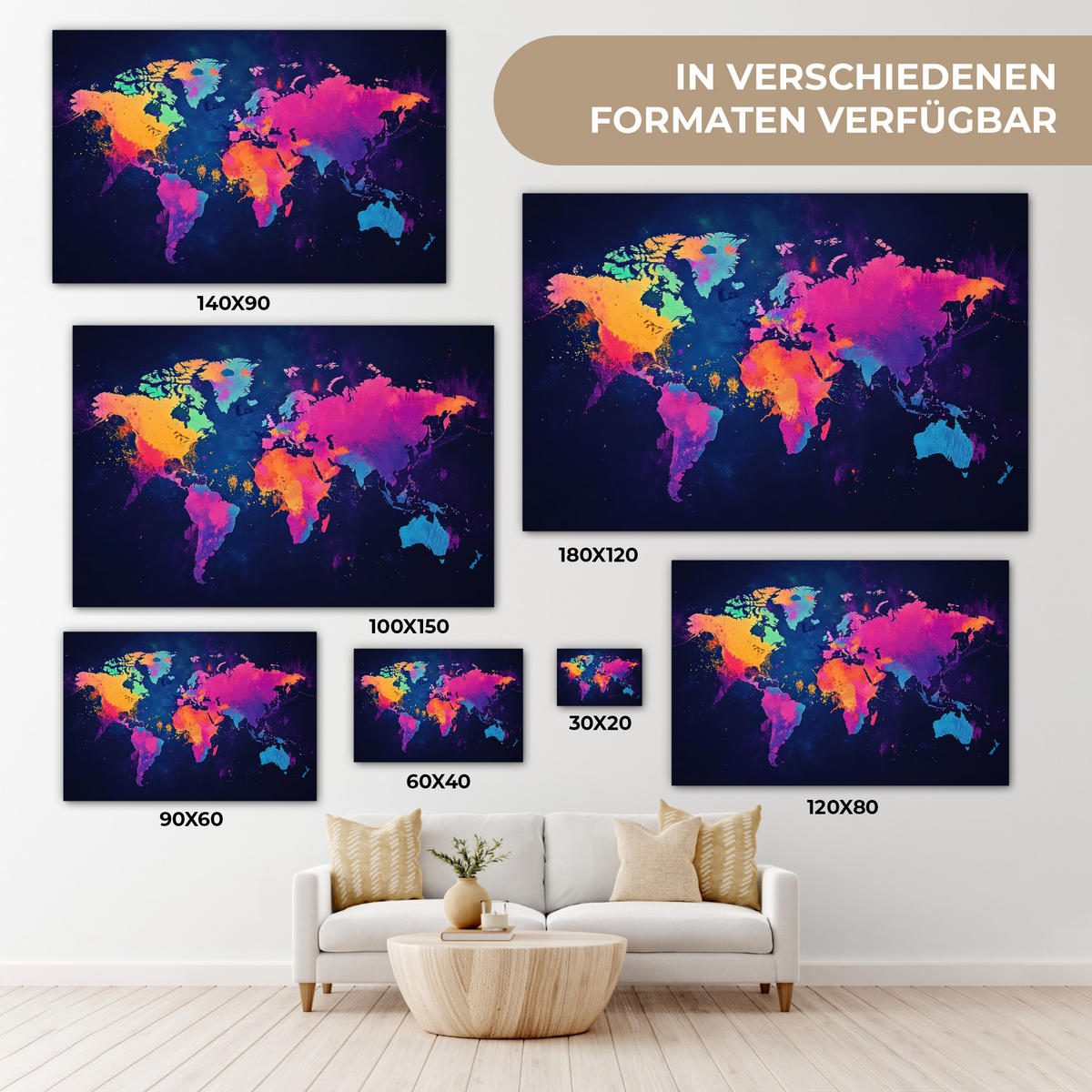 LEINWANDBILD Weltkarte - Bunt - Graffiti 30x20 cm - Multicolor, Textil (30/20cm) - MuchoWow