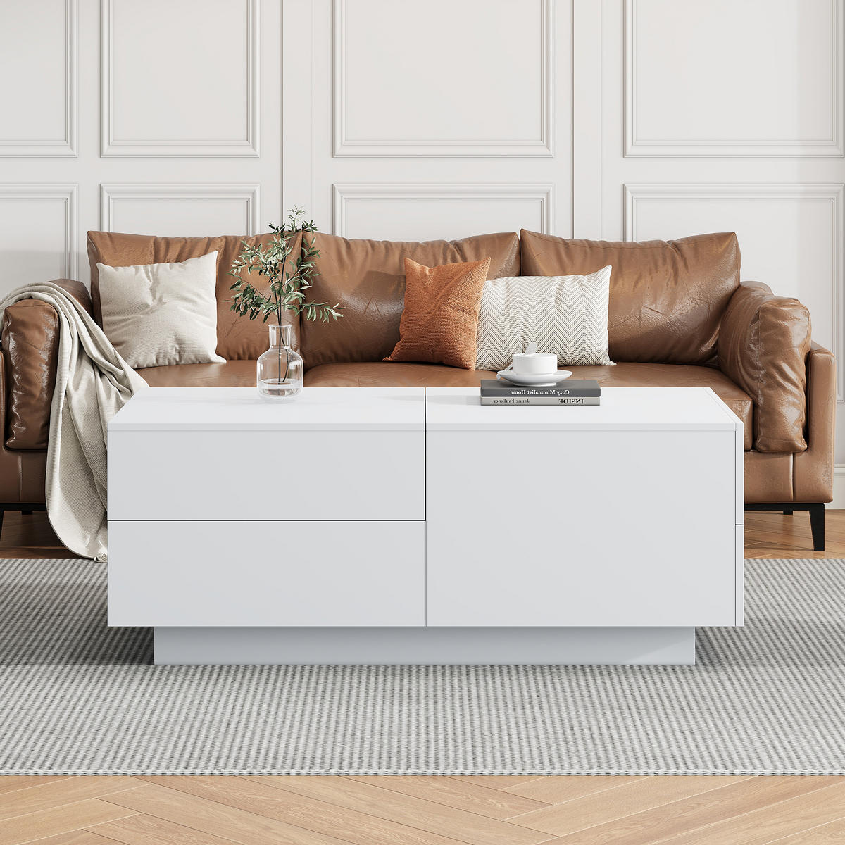 COUCHTISCH 90/55/45 cm weiß mit verschiebbarer Tischplatte 4 Schubladen - Weiß, Holzwerkstoff (90/55/45cm) - OKWISH