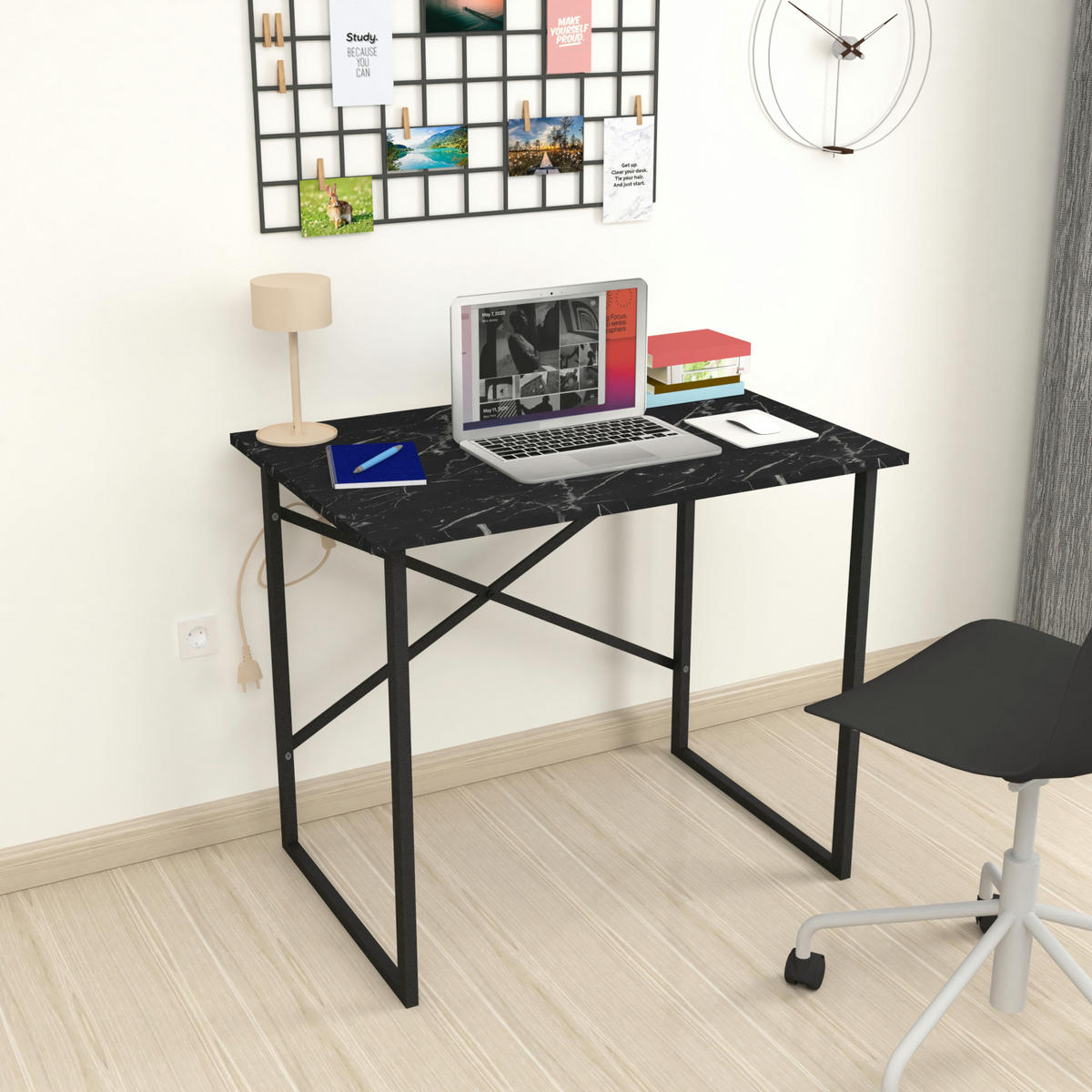 SCHREIBTISCH Tjeldsund - Schwarz, Holzwerkstoff/Metall (60/90/75cm) - [en.casa]
