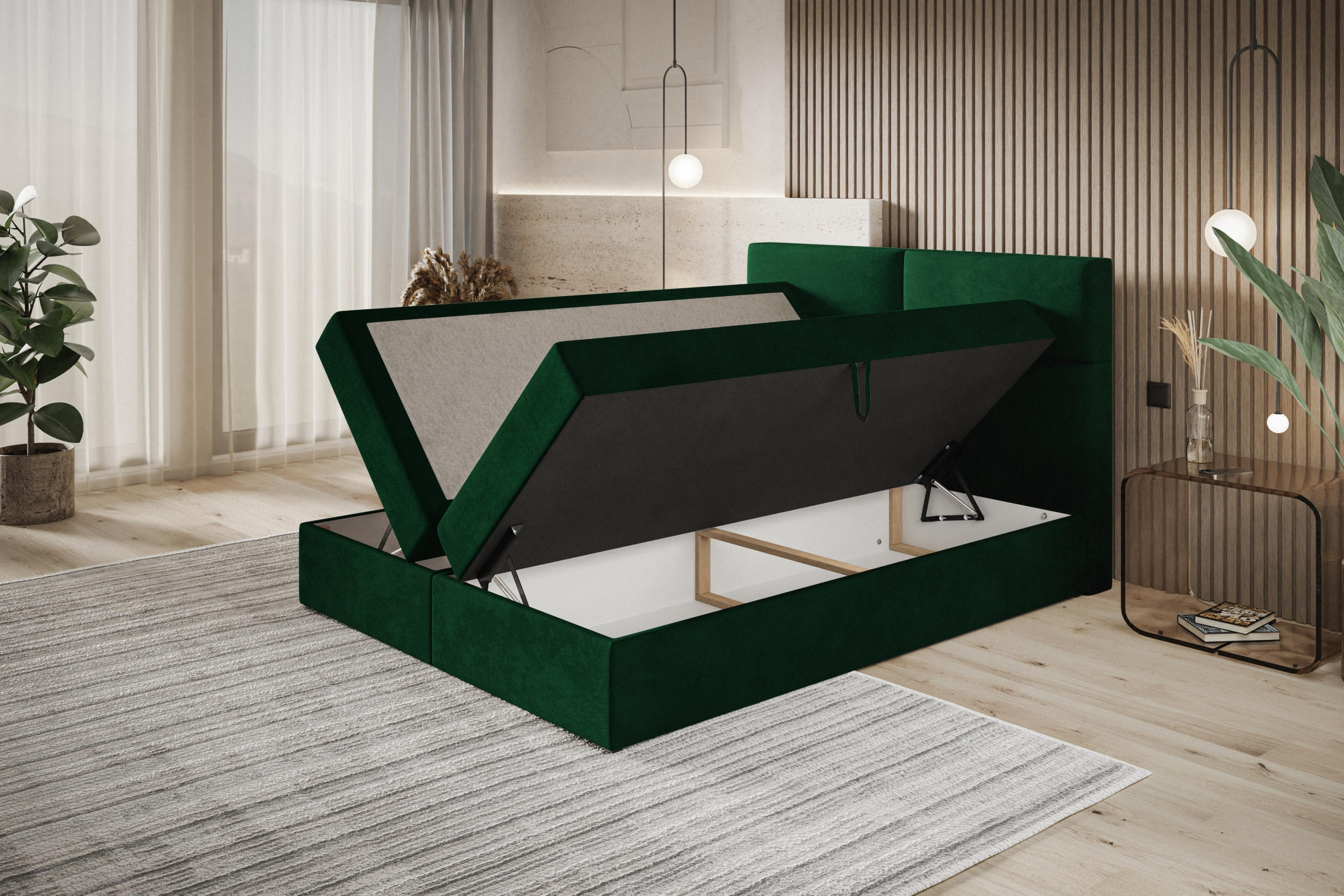 BOXBETT LIZBONA mit 2 Bettkästen, 180x200, Farbe: Grau, Velourstoff, Doppelbett mit Bonell-Matratze - Grau, Holz/Kunststoff (180/200cm) - Alpi-Möbel