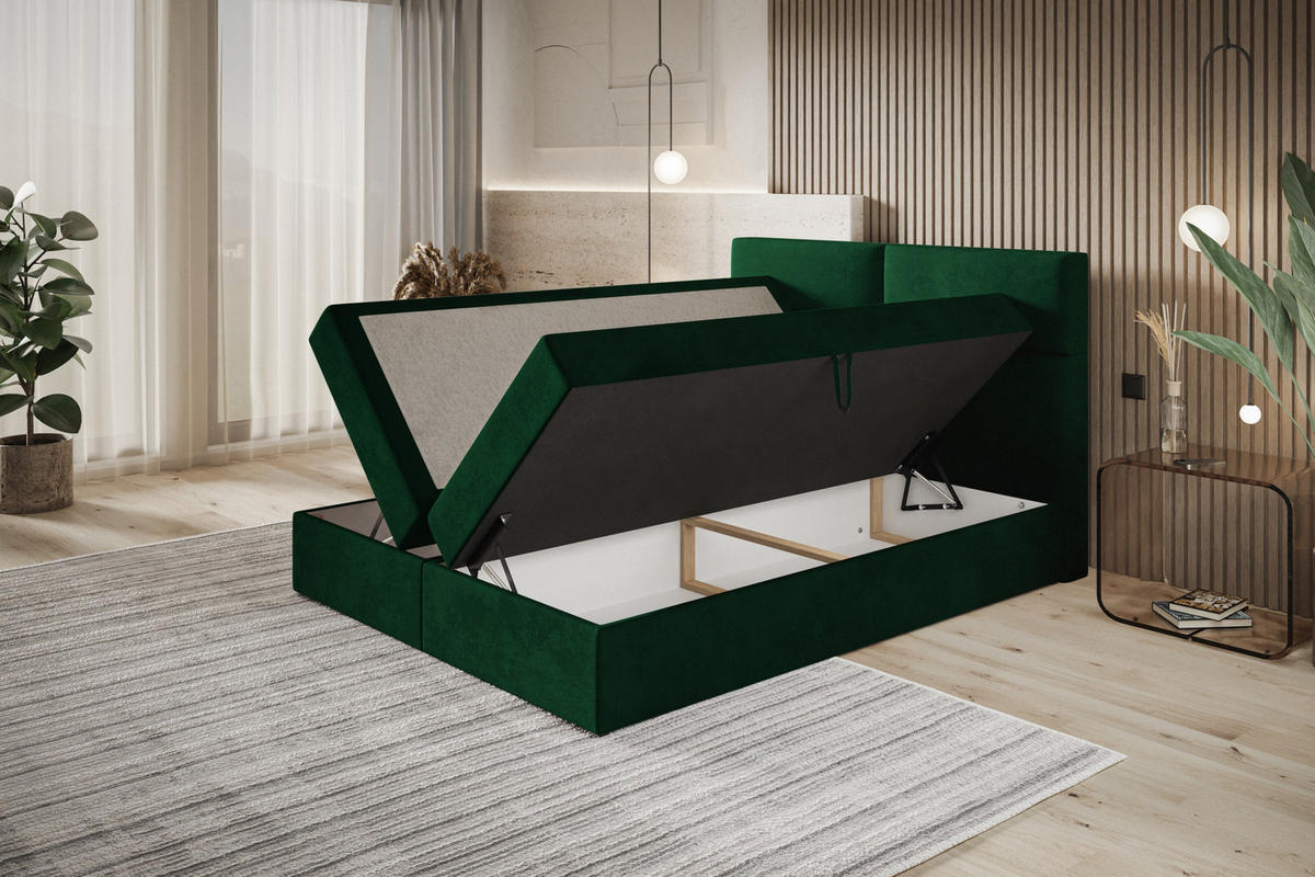 BOXBETT LIZBONA mit 2 Bettkästen, 140x200, Farbe: Schwarz, Velourstoff, Doppelbett mit Bonell-Matratze - Schwarz, Holz/Kunststoff (140/200cm) - Alpi-Möbel