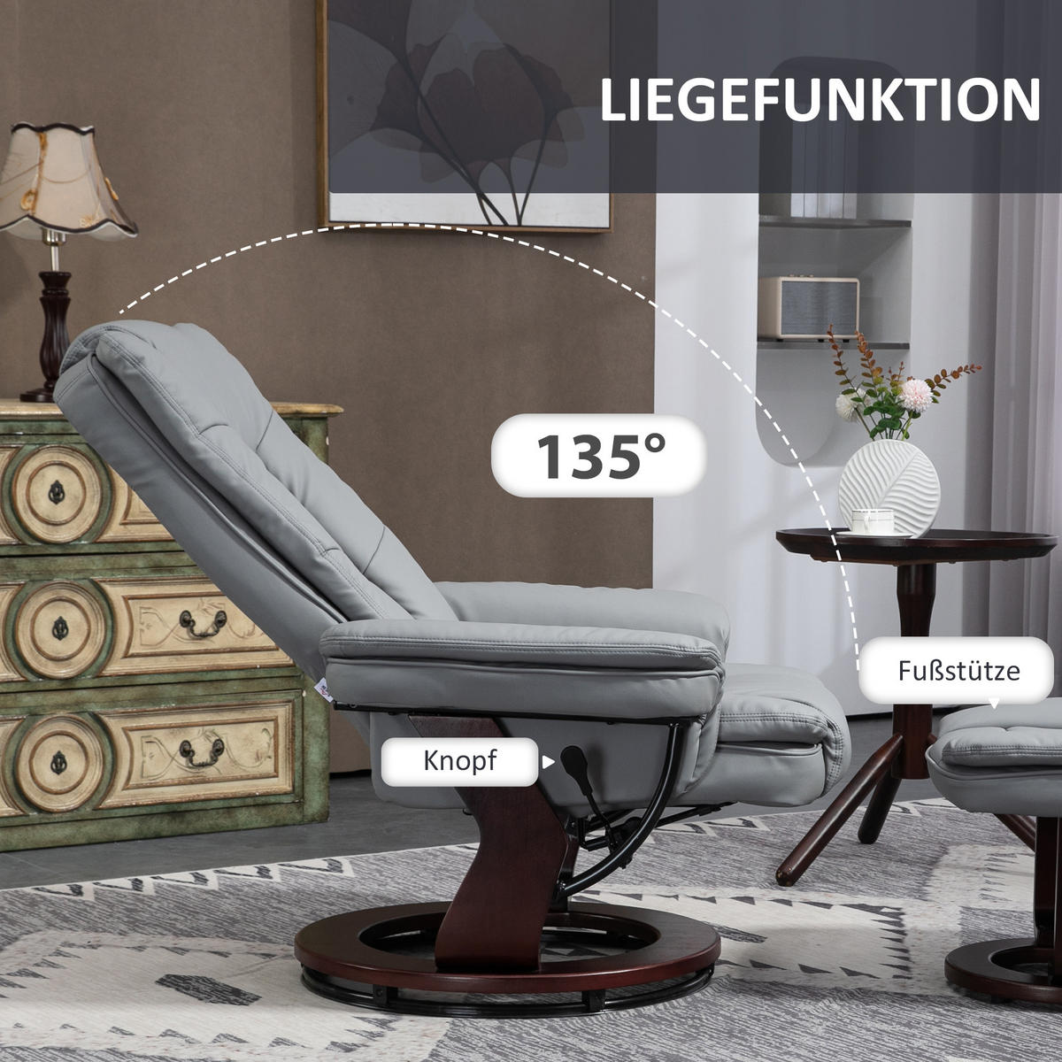 RELAXSESSEL mit Hocker 360°Drehbarer Fernsehsessel mit Liegefunktion Kunstleder - Braun/Grau, Leder/Holz (82/106/85cm) - HOMCOM
