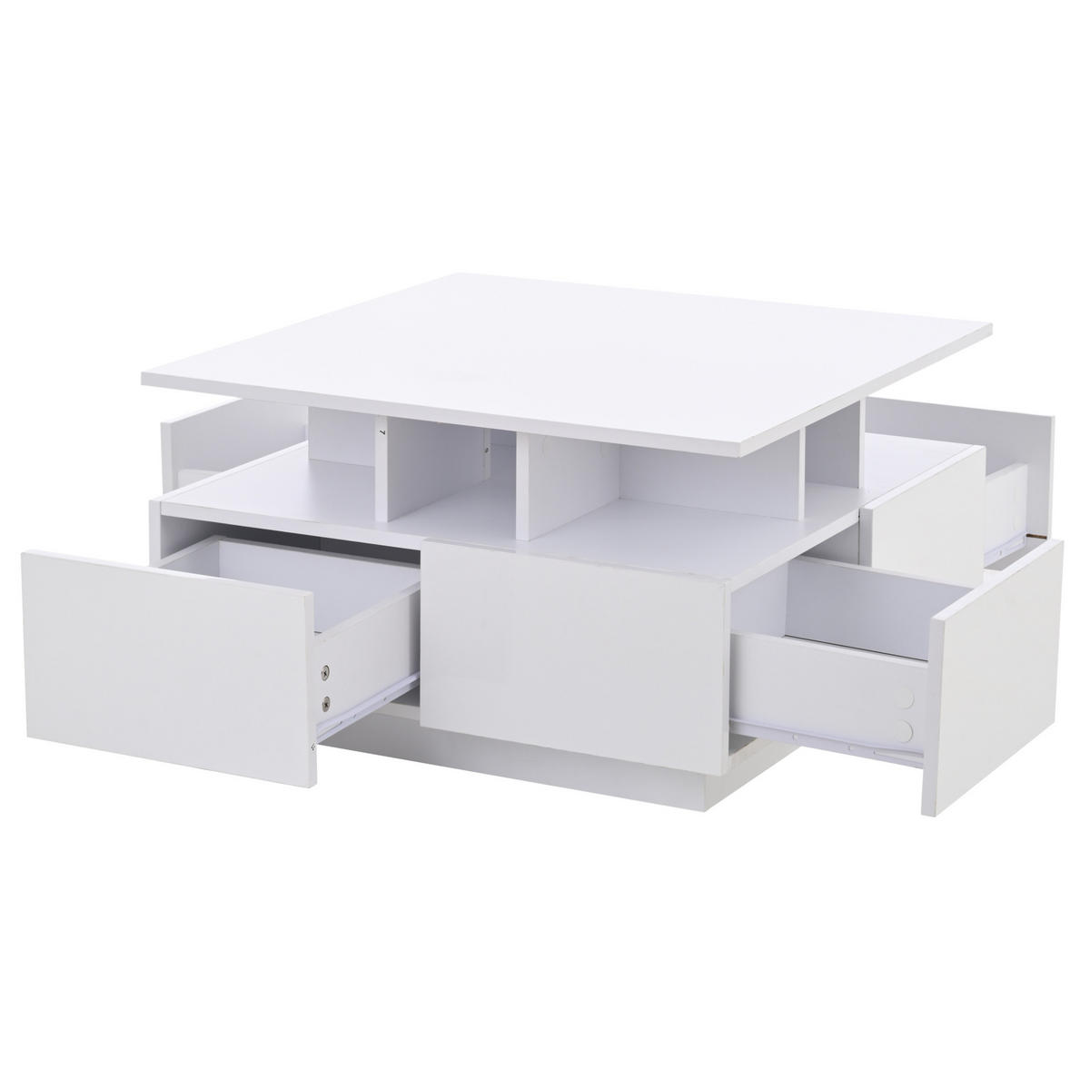 COUCHTISCH mit 4 Schubladen 70 x 70 cm Hochglanz Weiß mit LED - Weiß, Holzwerkstoff (70/70/40cm) - Meubliv