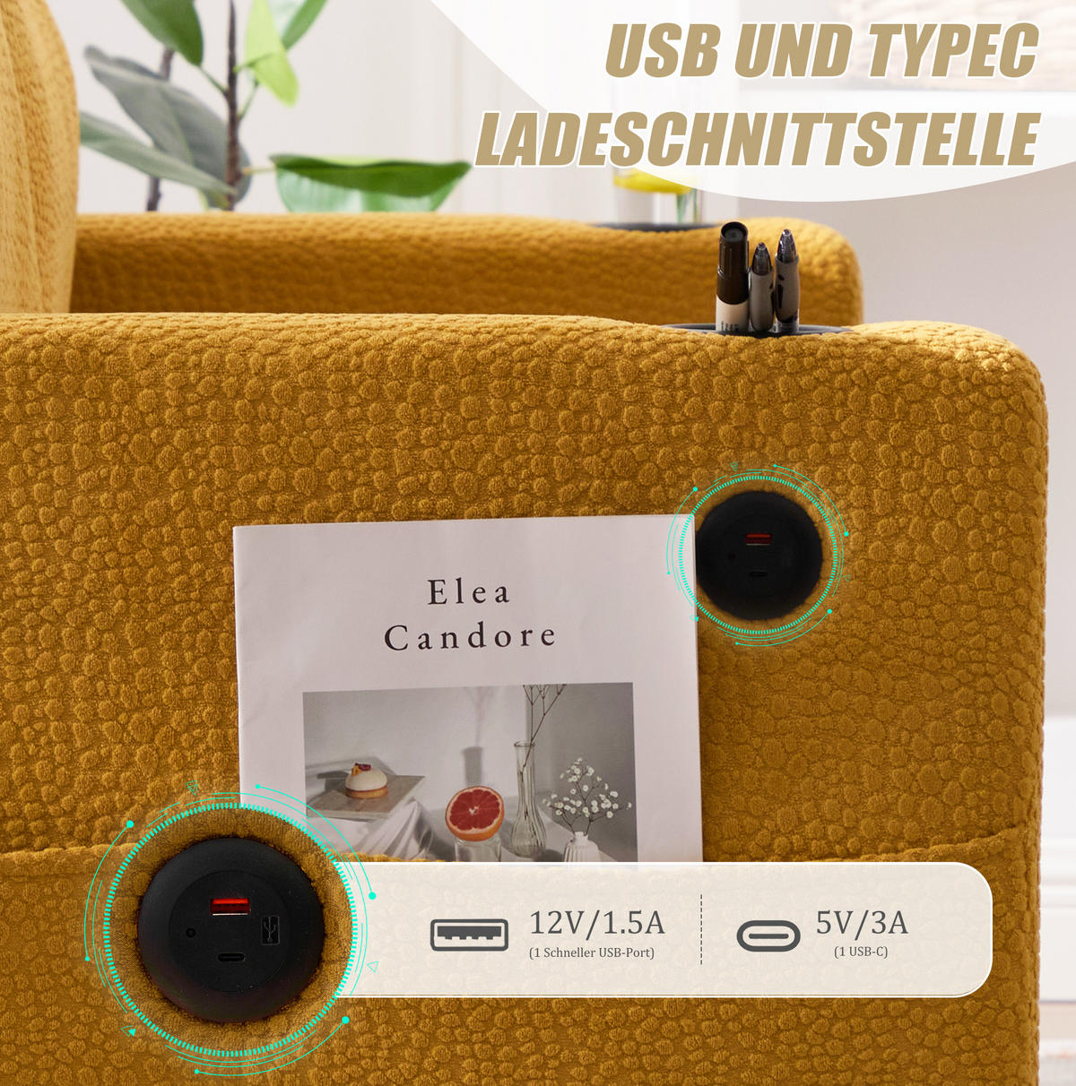 ZWEISITZER Sofa Chenille mit USB-Anschluss und LED Getränkehalter 203/77,5/86 cm Gelb - Gelb, Textil (77.5/86/203cm) - Redom