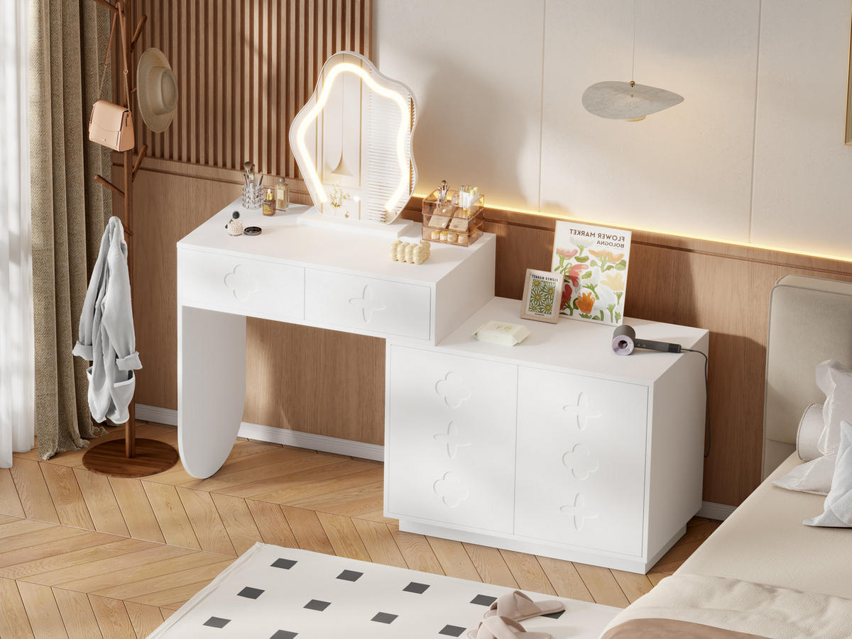 SCHMINKTISCH mit verstellbarem LED-Spiegel / 2 Schubladen / verstellbarem Seitenschrank 160×40×132 cm - Weiß, Glas (40/132/160cm) - Vallsero