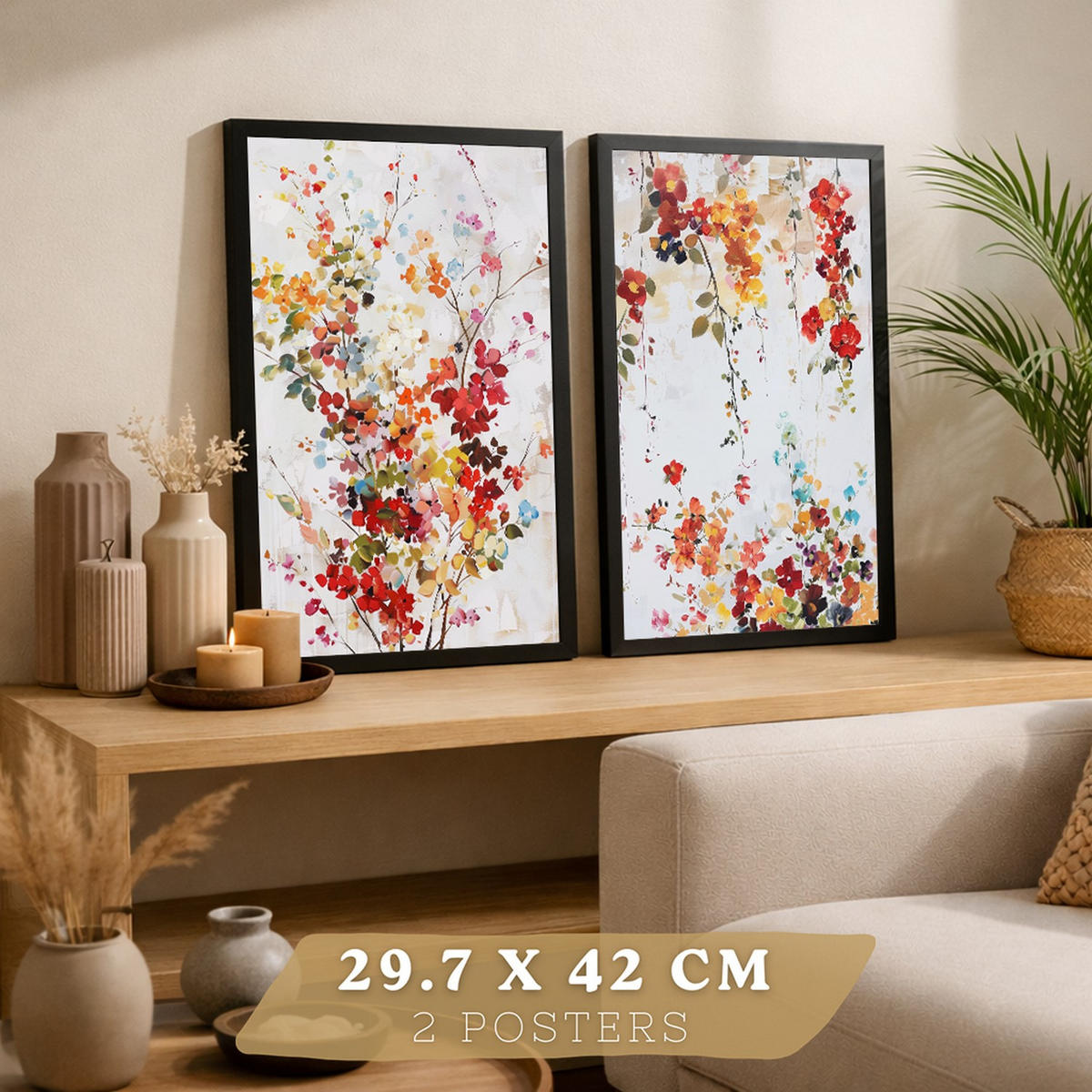 PLAKAT Sada 2 Květinové barvy A3 Černý rám - černá, papír (29.7/1/42cm) - Nacnic