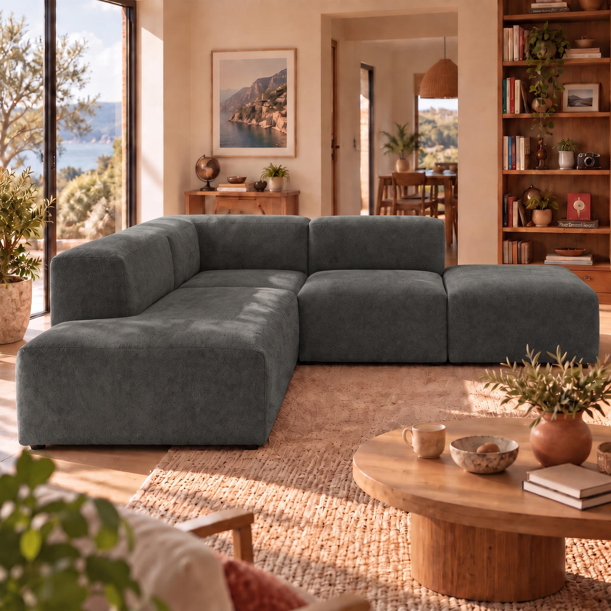 4-SITZER modulares Ecksofa HEAVEN SET 3 Links, Breite 270 cm Webstoff Dunkelgrau - Dunkelgrau/Schwarz, Holz/Kunststoff (245/270cm) - Muffo