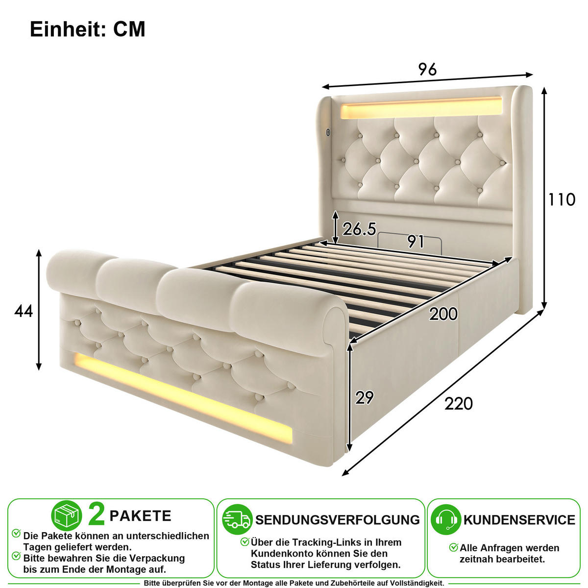 ČALOUNĚNÁ POSTEL 90/200 cm v béžové barvě s úložným prostorem, LED, USB a Type-C - béžová, kov/kompozitní dřevo (90/200cm) - CHICFURN