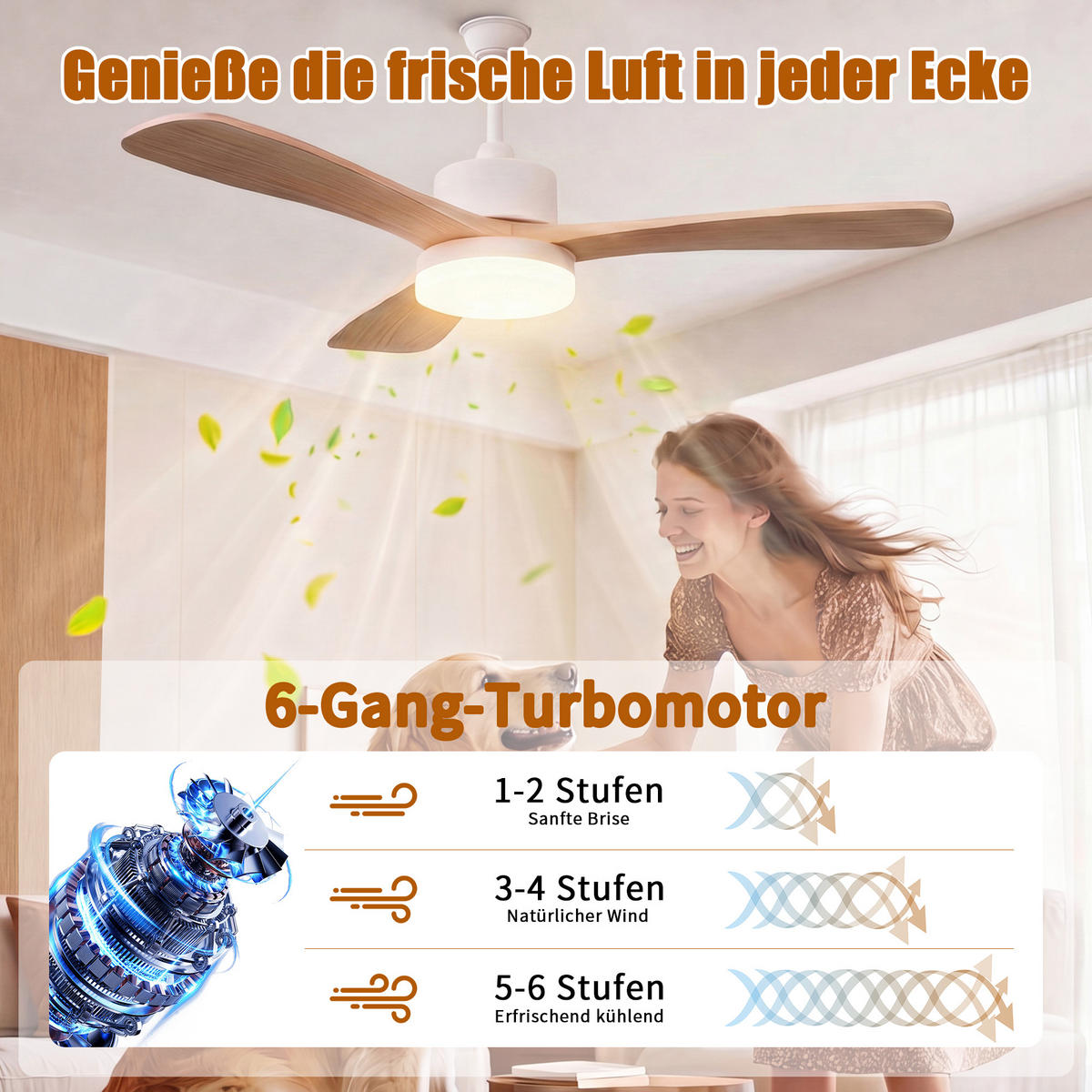 DECKENVENTILATOR mit LED-Licht, 106,6 cm, 3 Holzflügel, 6 Stufen & Timer - Naturfarben, Metall (106.6/106.6/52cm) - EuroLiving