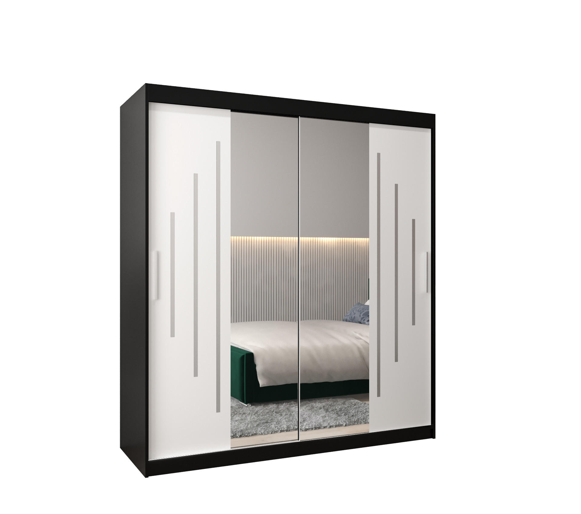 Abiks Möbel Schwebetürenschrank Schwarz, Weiß 180x200x62 cm